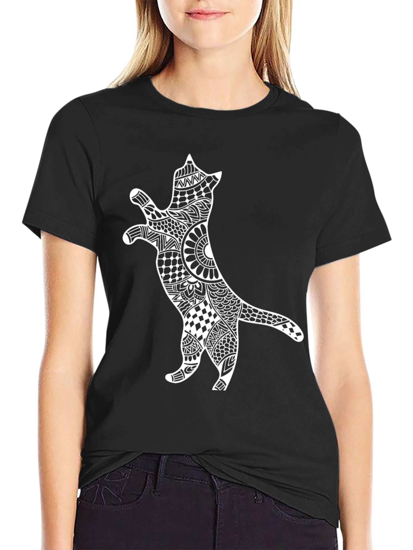 Black Cat Zentangle T-Shirt - Black Cotton Tee view 2