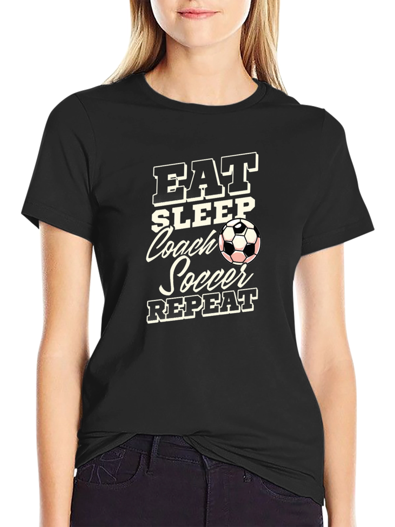 Black Eat Sleep Coach Soccer Repeat Black T-Shirt view 2