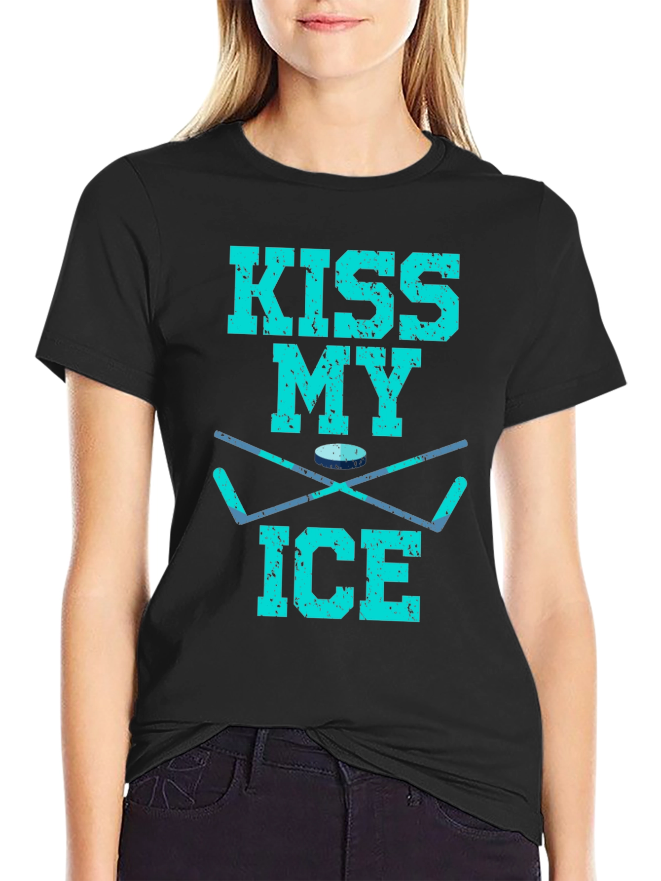 Black Kiss My Ice Hockey T-Shirt - Funny Hockey Gift view 2
