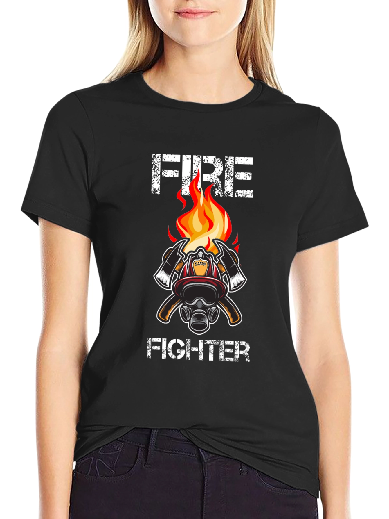 Black Firefighter T-Shirt - Axe & Helmet Graphic Tee view 2