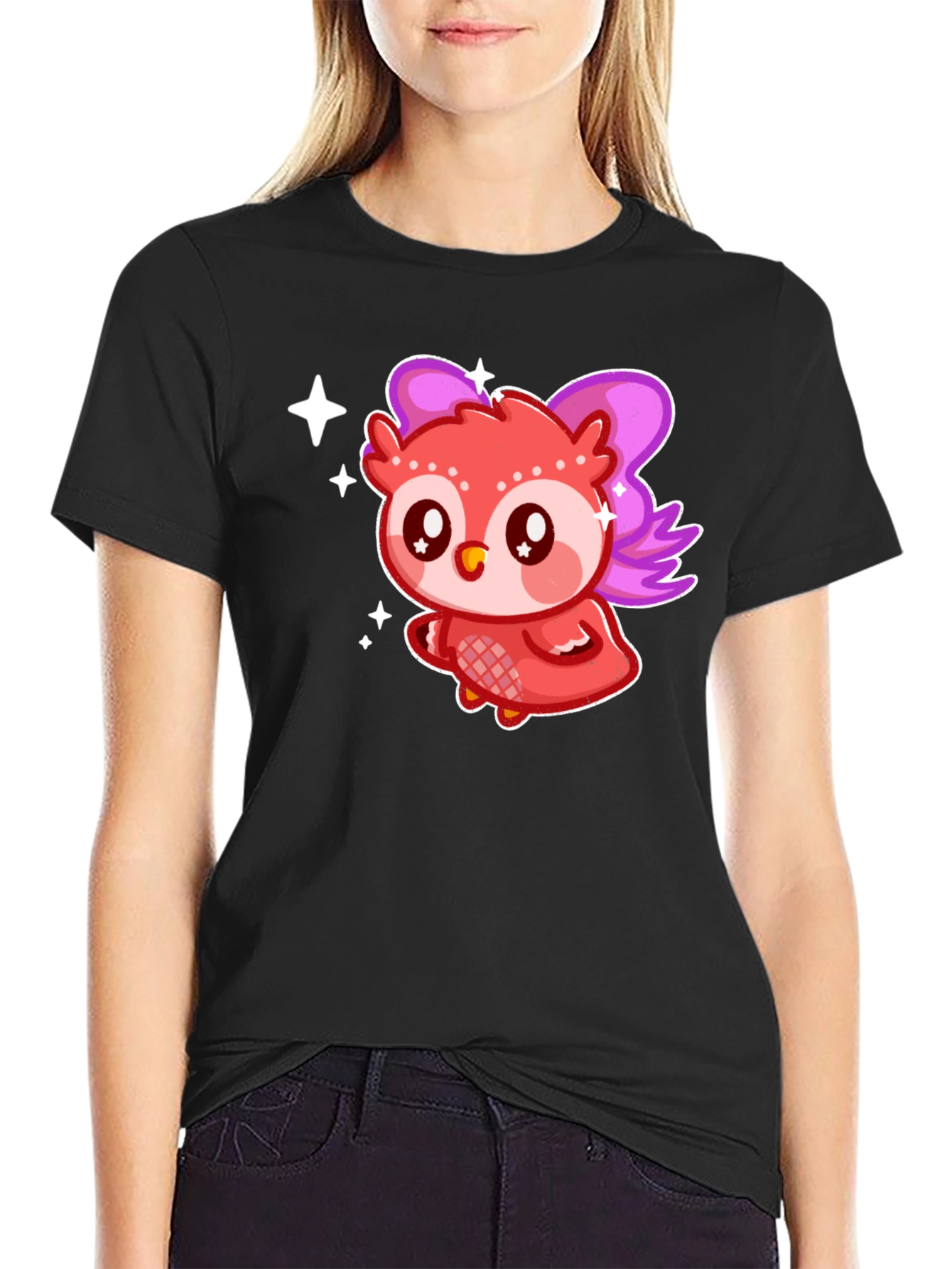 Black Cute Kawaii Owl T-Shirt view 2