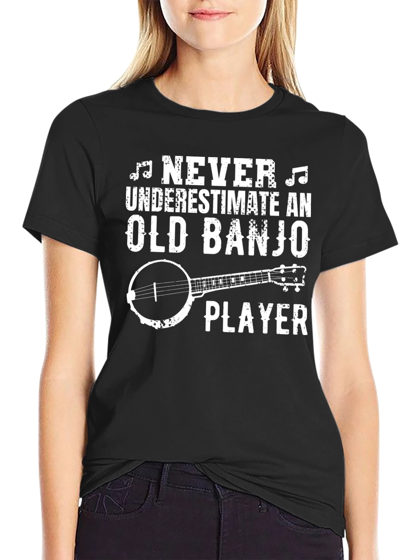 Black Old Banjo Player T-Shirt, Musician Graphic Tee view 2