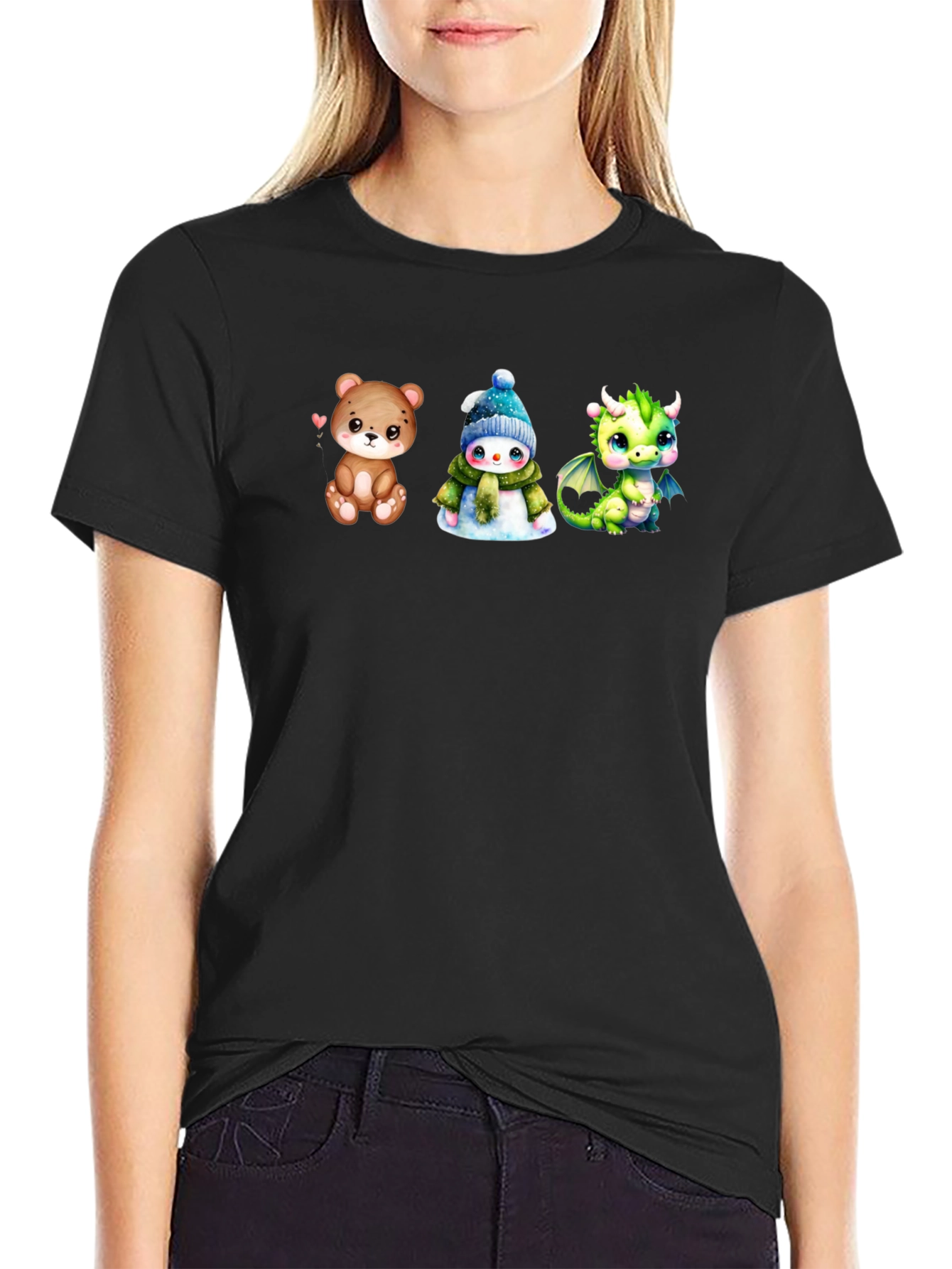 Black Cute Cartoon Animal T-Shirt view 2
