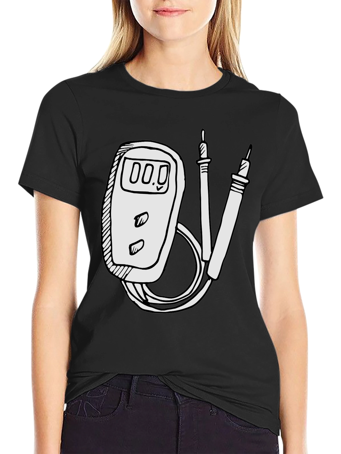 Black Electrician Humor Tee: Multimeter Graphic T-Shirt view 2