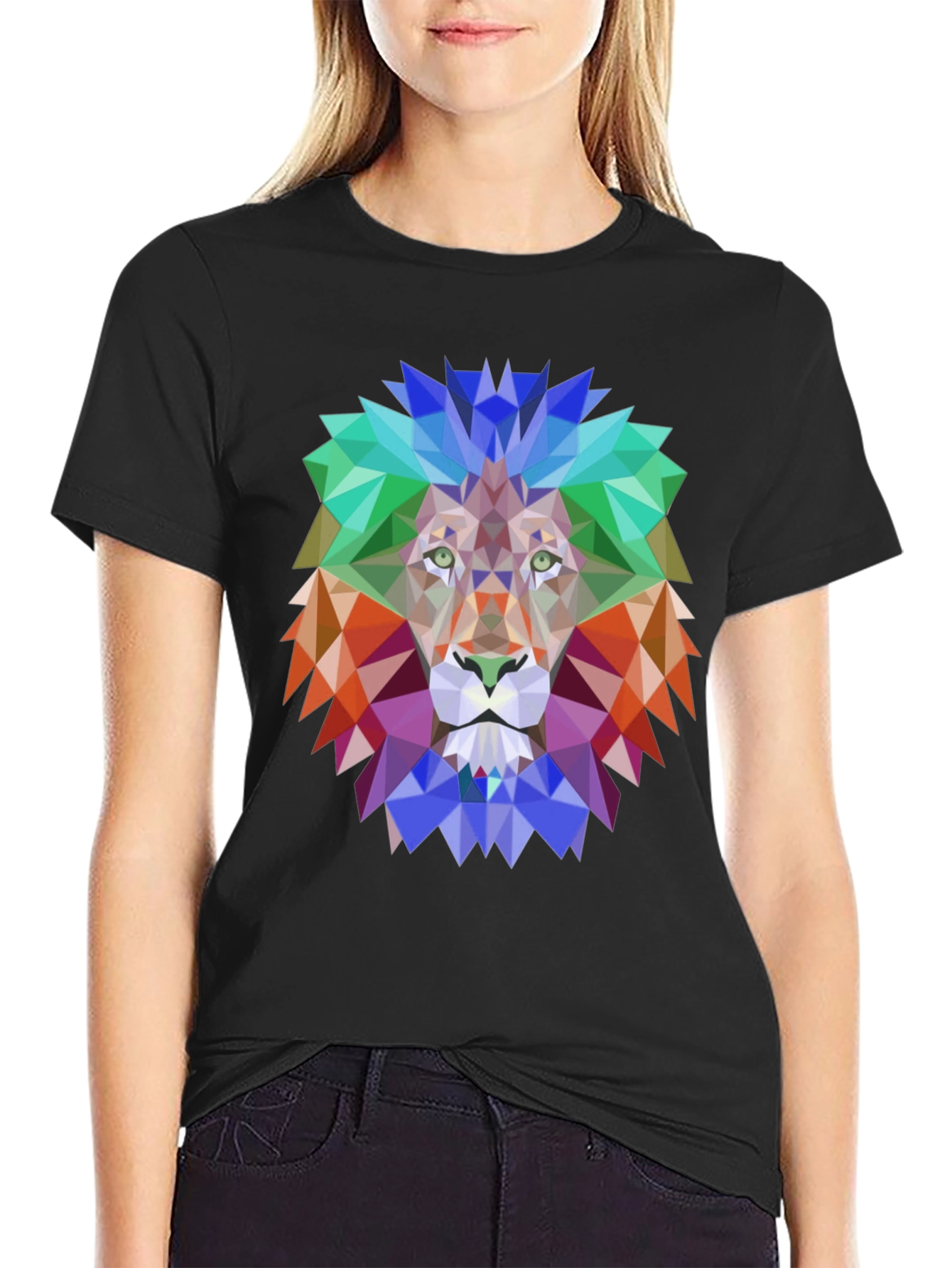 Black Geometric Lion Graphic Tee - Bold Design, Black Shirt view 2