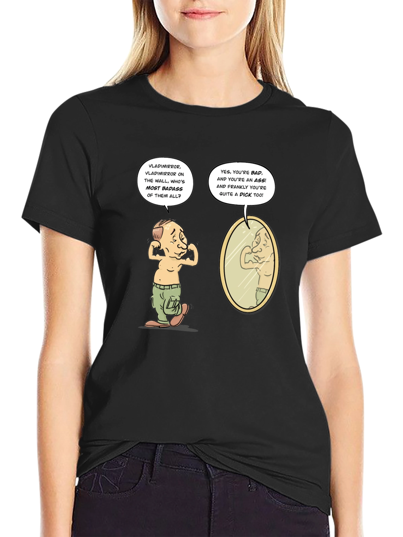 Black Putin Funny T-Shirt - Vladmirror Cartoon Tee view 2