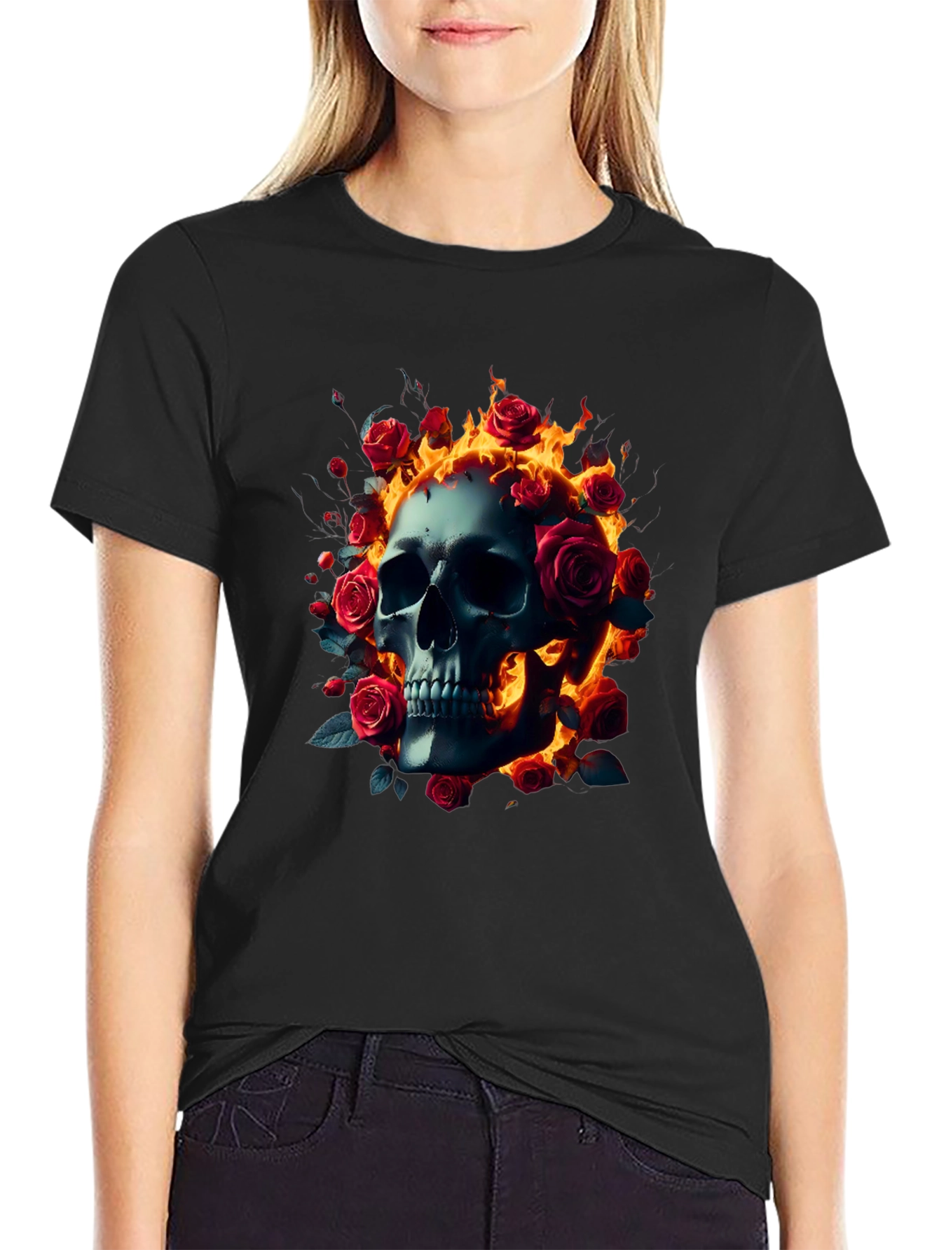 Black Skull Roses Flames T-Shirt - Dark Gothic Tee view 2