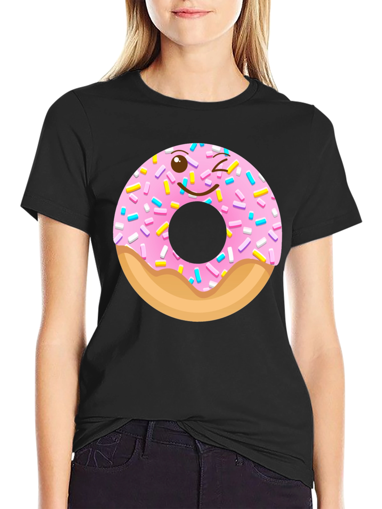 Black Winking Donut Graphic Tee - Black Cotton Shirt view 2