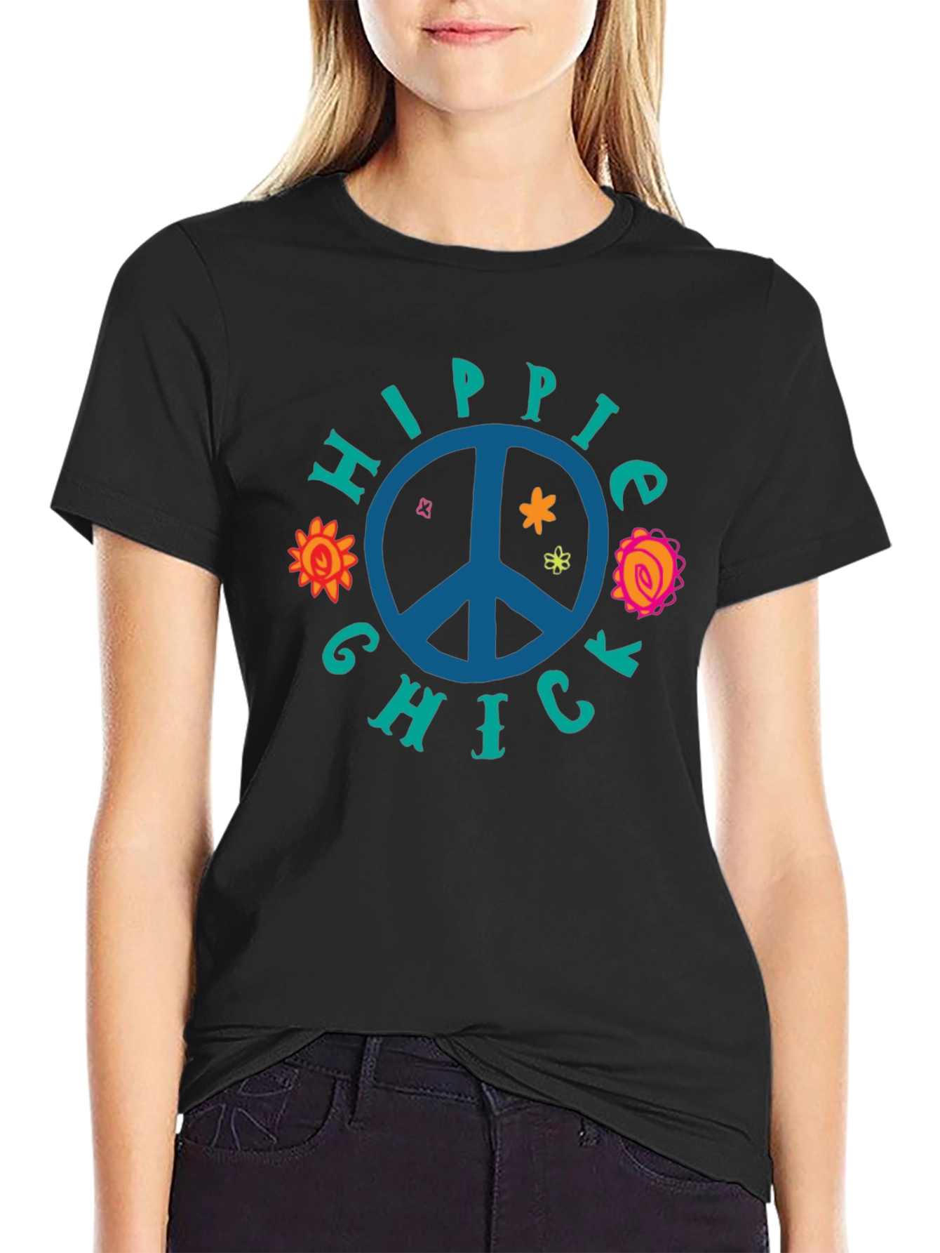 Black Hippie Chick Graphic Tee - Peace Sign T-Shirt view 2