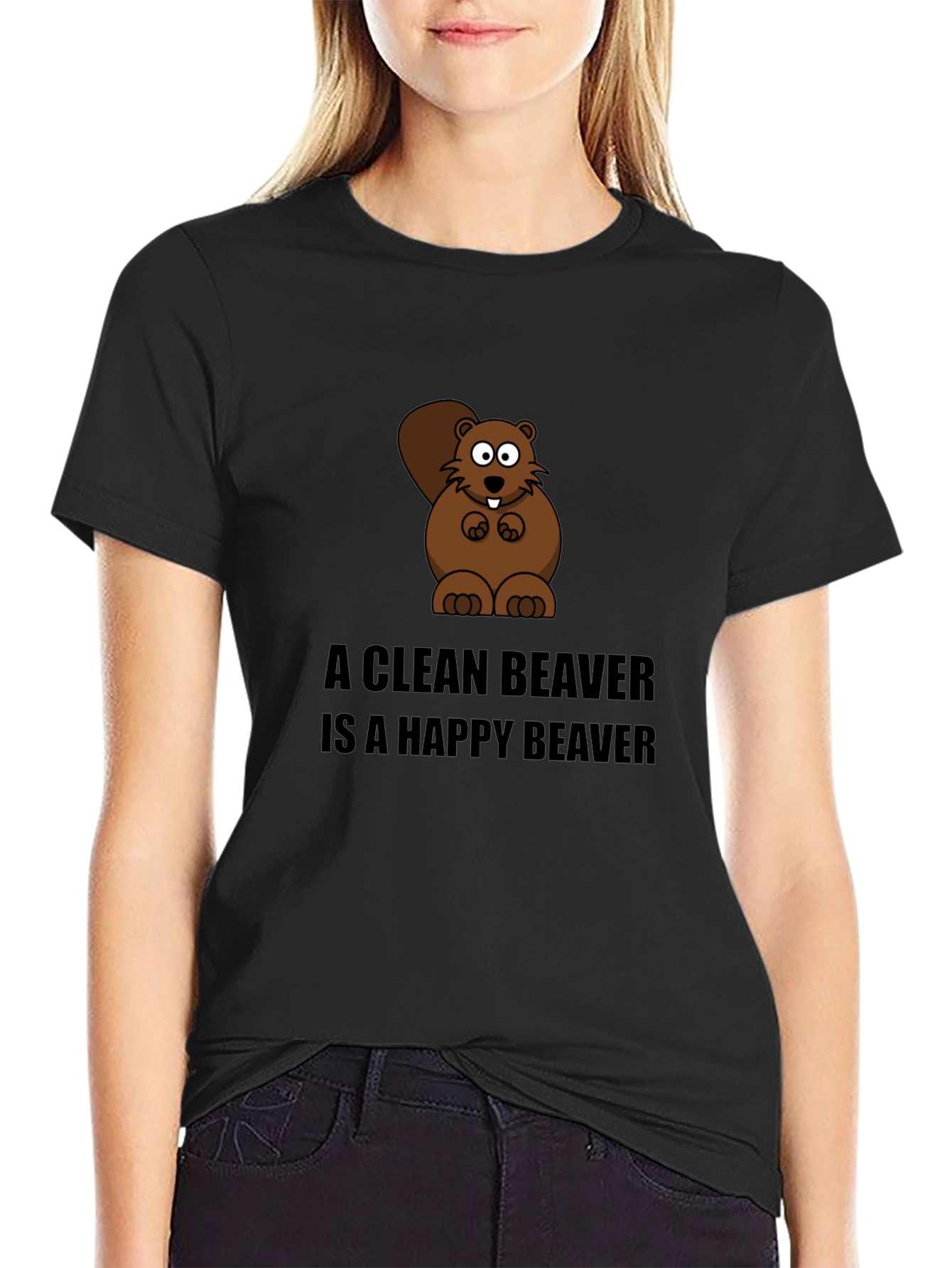 Black A Clean Beaver T-Shirt - Funny Cartoon Tee view 2