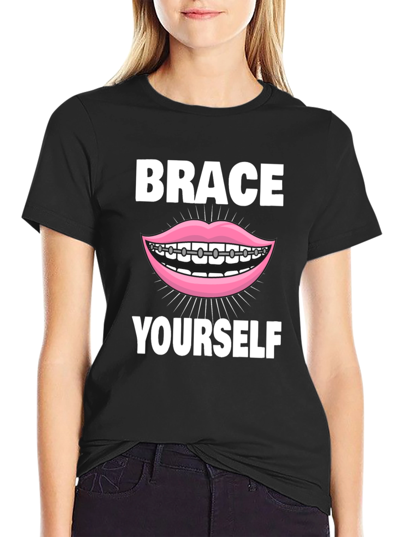 Black Brace Yourself T-Shirt - Funny Dental Pun Tee view 2