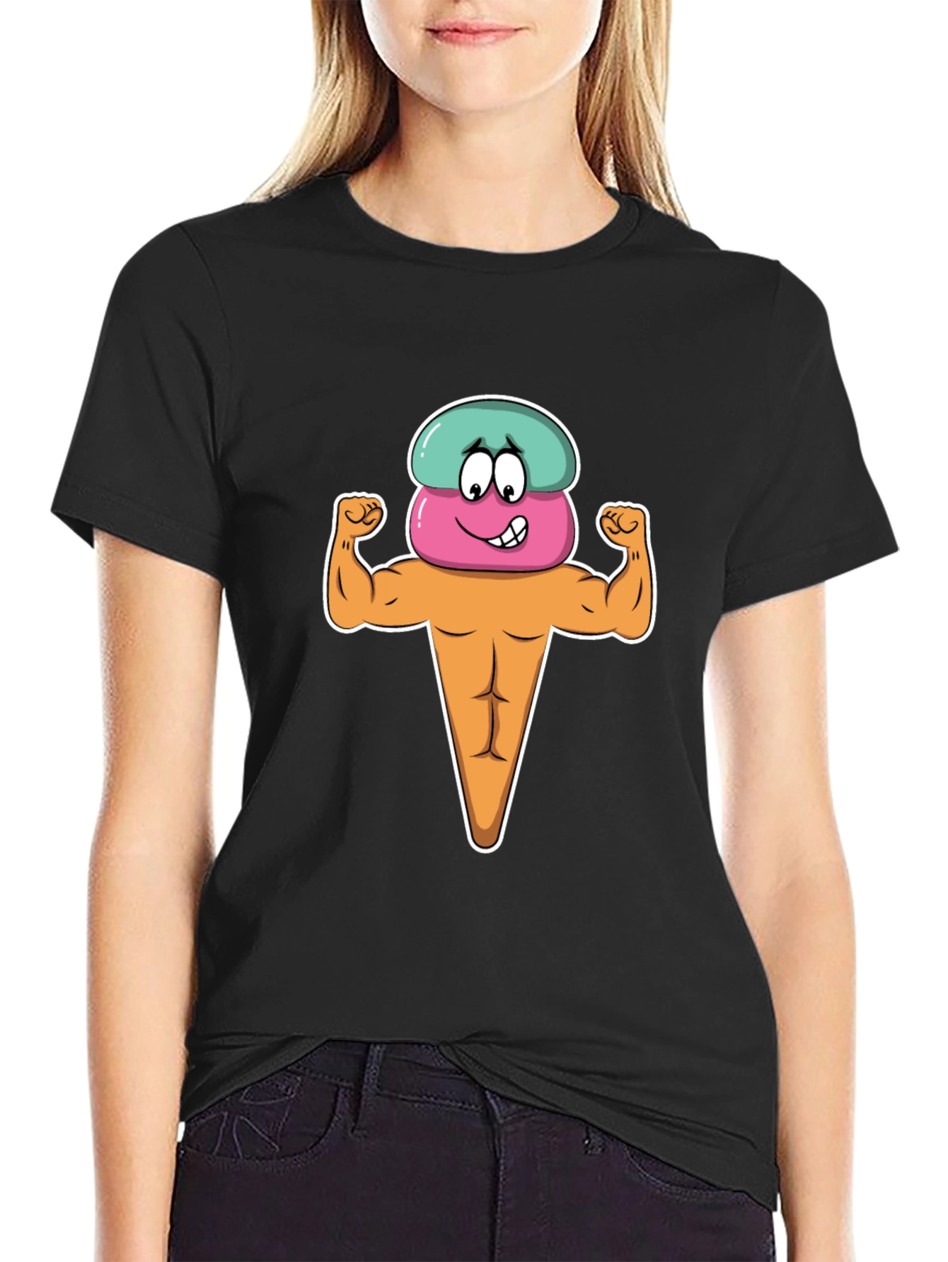 Black Funny Cartoon Ice Cream Muscle Man Graphic T-Shirt view 2