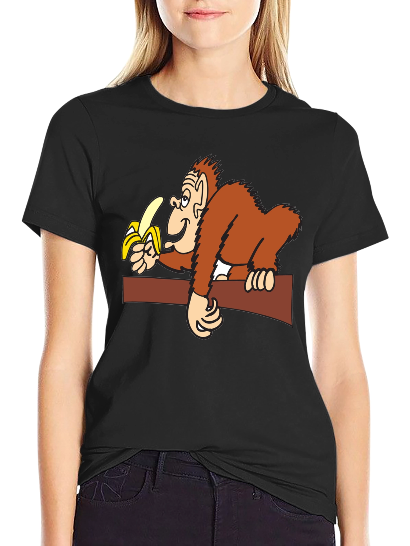 Black Cartoon Monkey Eating Banana T-Shirt view 2