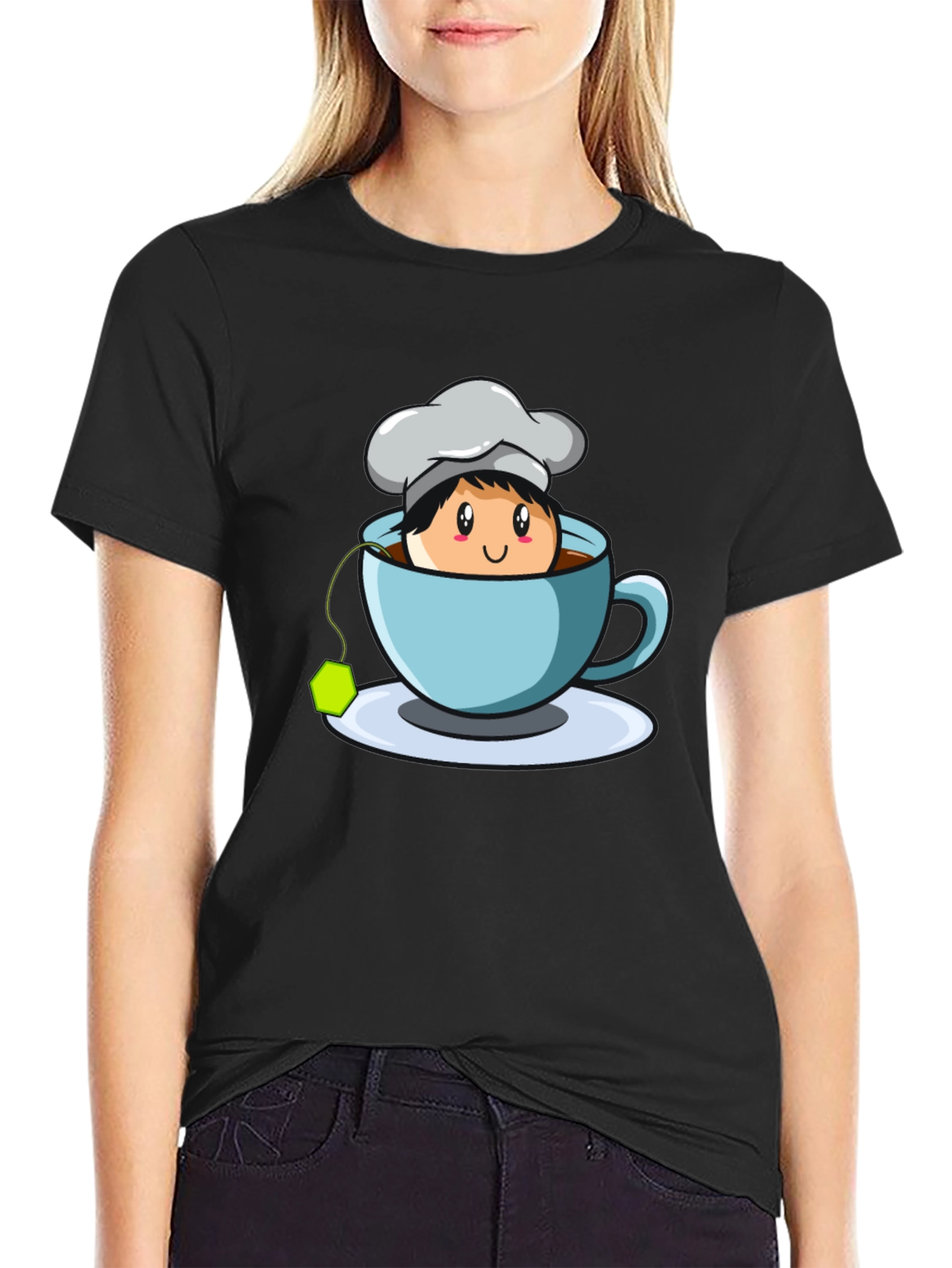Black Chef Tea Cup Graphic T-Shirt - Cute Cartoon Design view 2