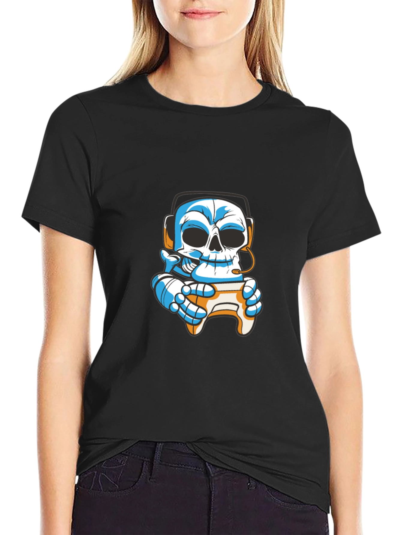 Black Gamer Skull T-Shirt - Black Cotton Graphic Tee view 2