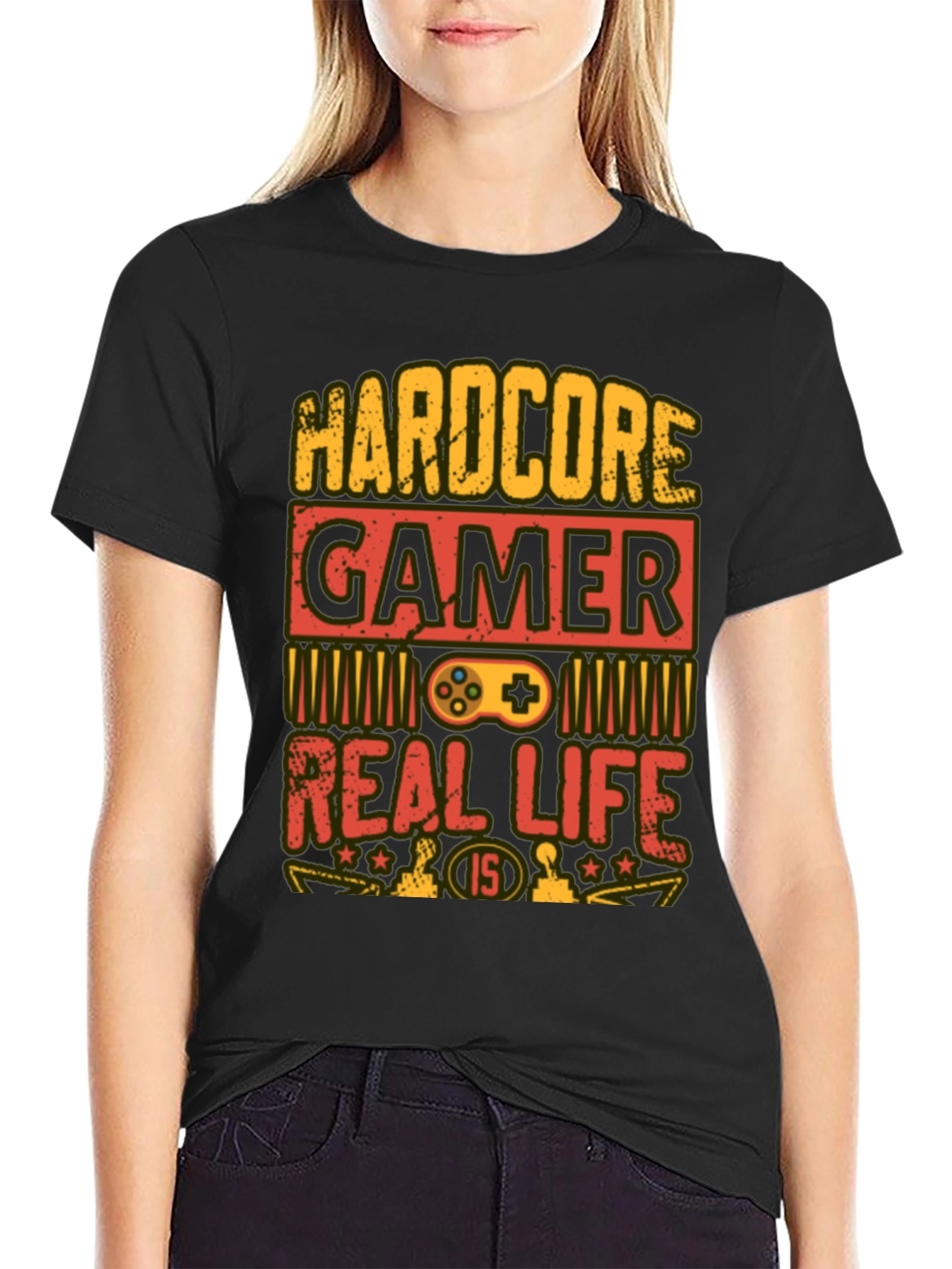 Black Hardcore Gamer T-Shirt - Real Life is 1/5 view 2