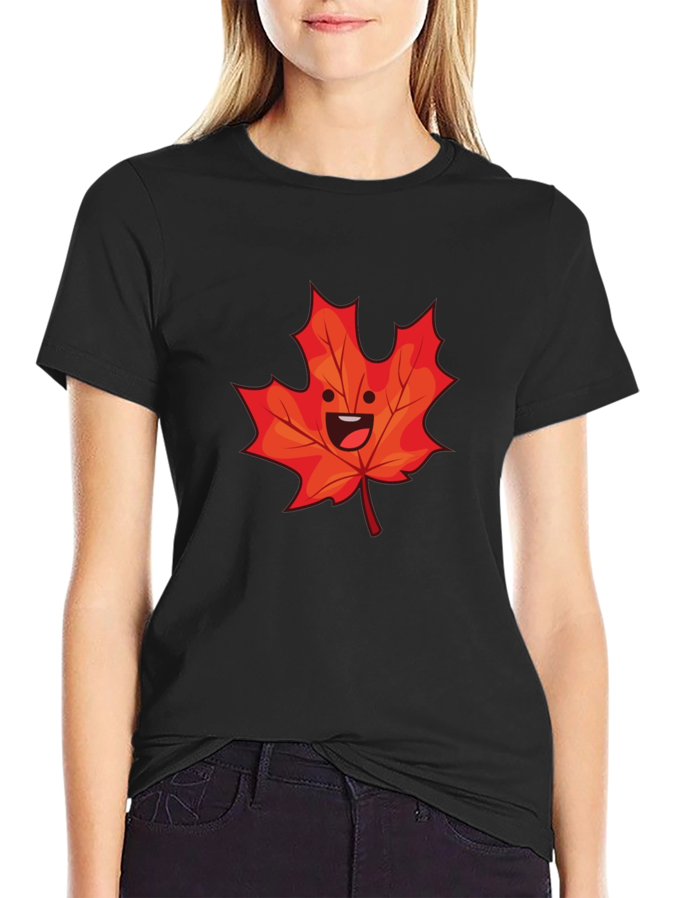 Black Happy Maple Leaf Graphic Tee - Black Cotton Shirt view 2