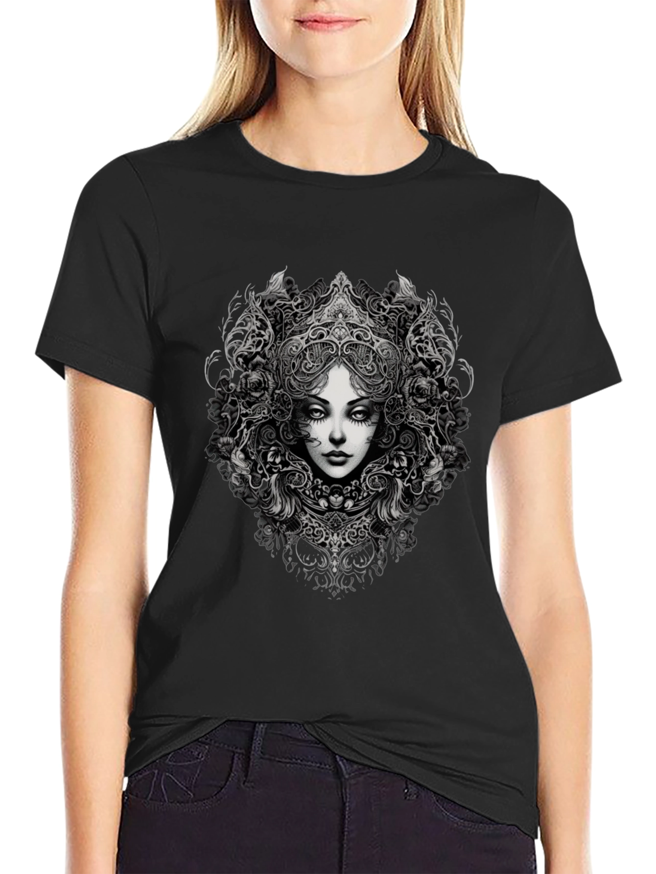 Black Gothic Woman Graphic Black T-Shirt view 2