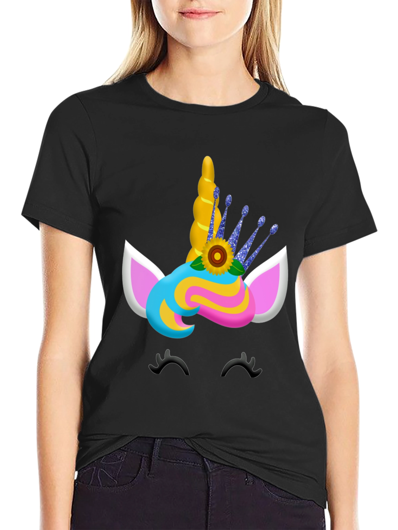 Black Unicorn Face Graphic Tee - Black Casual Shirt view 2