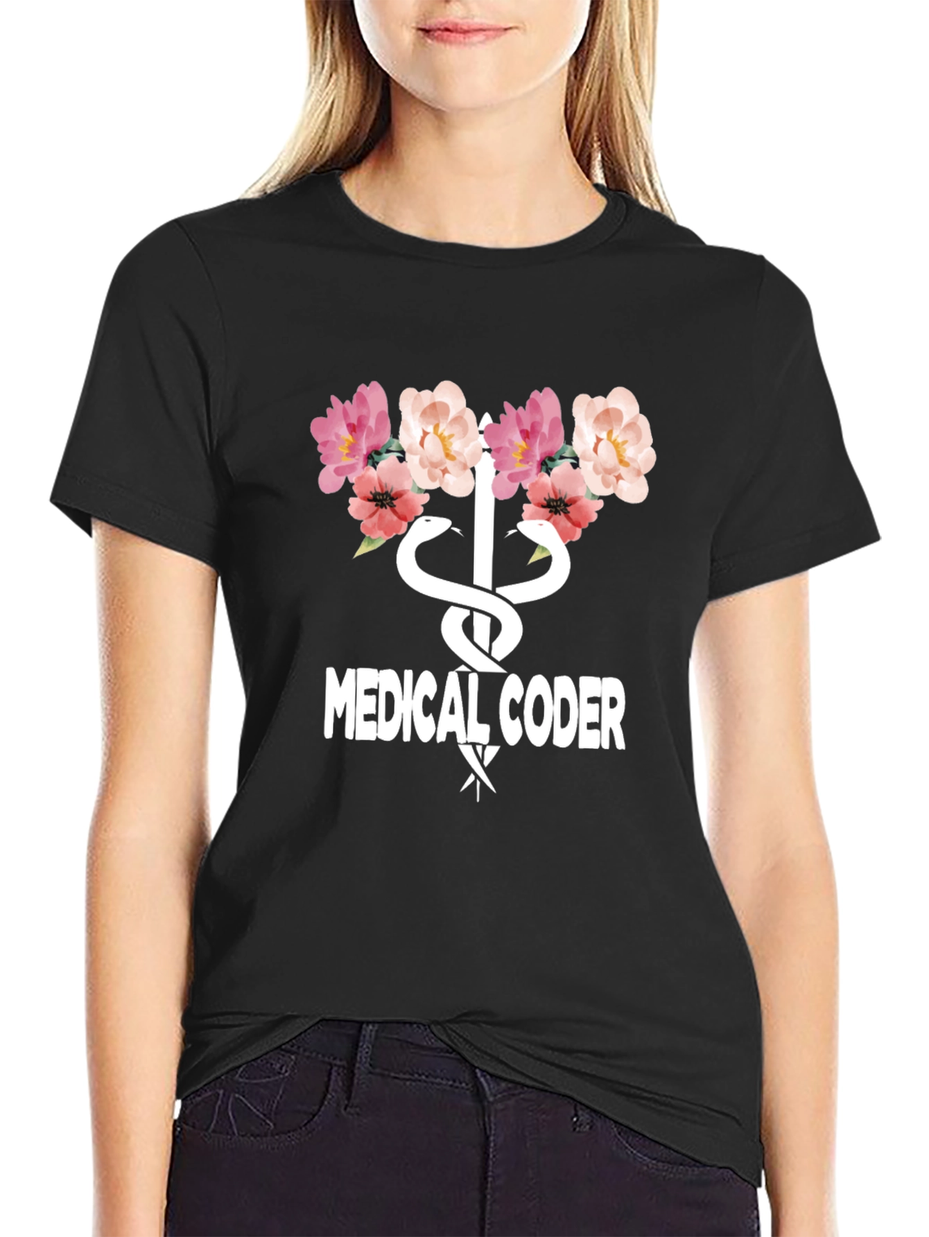 Black Medical Coder Floral Graphic T-Shirt view 2