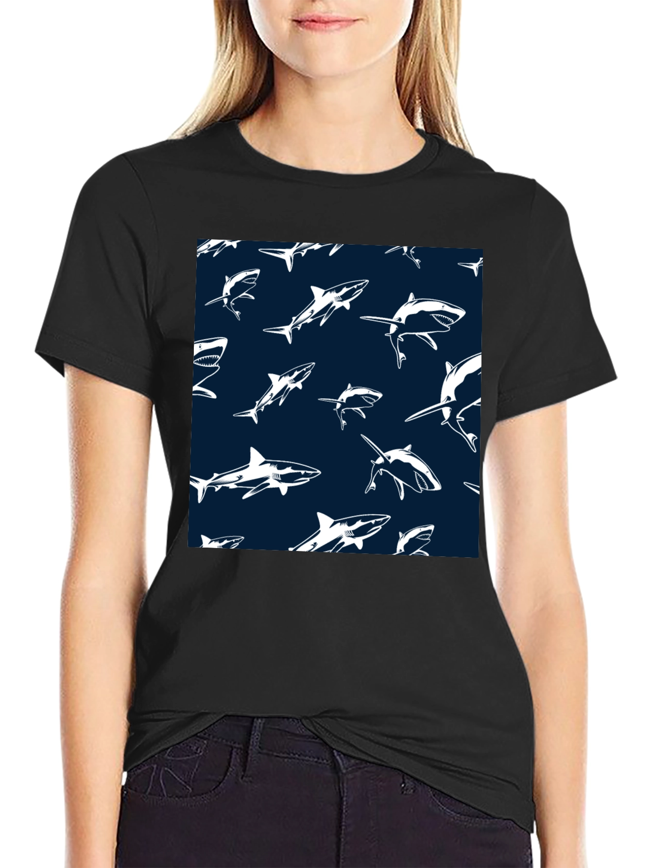 Black Shark Pattern T-Shirt - Cool Graphic Tee view 2