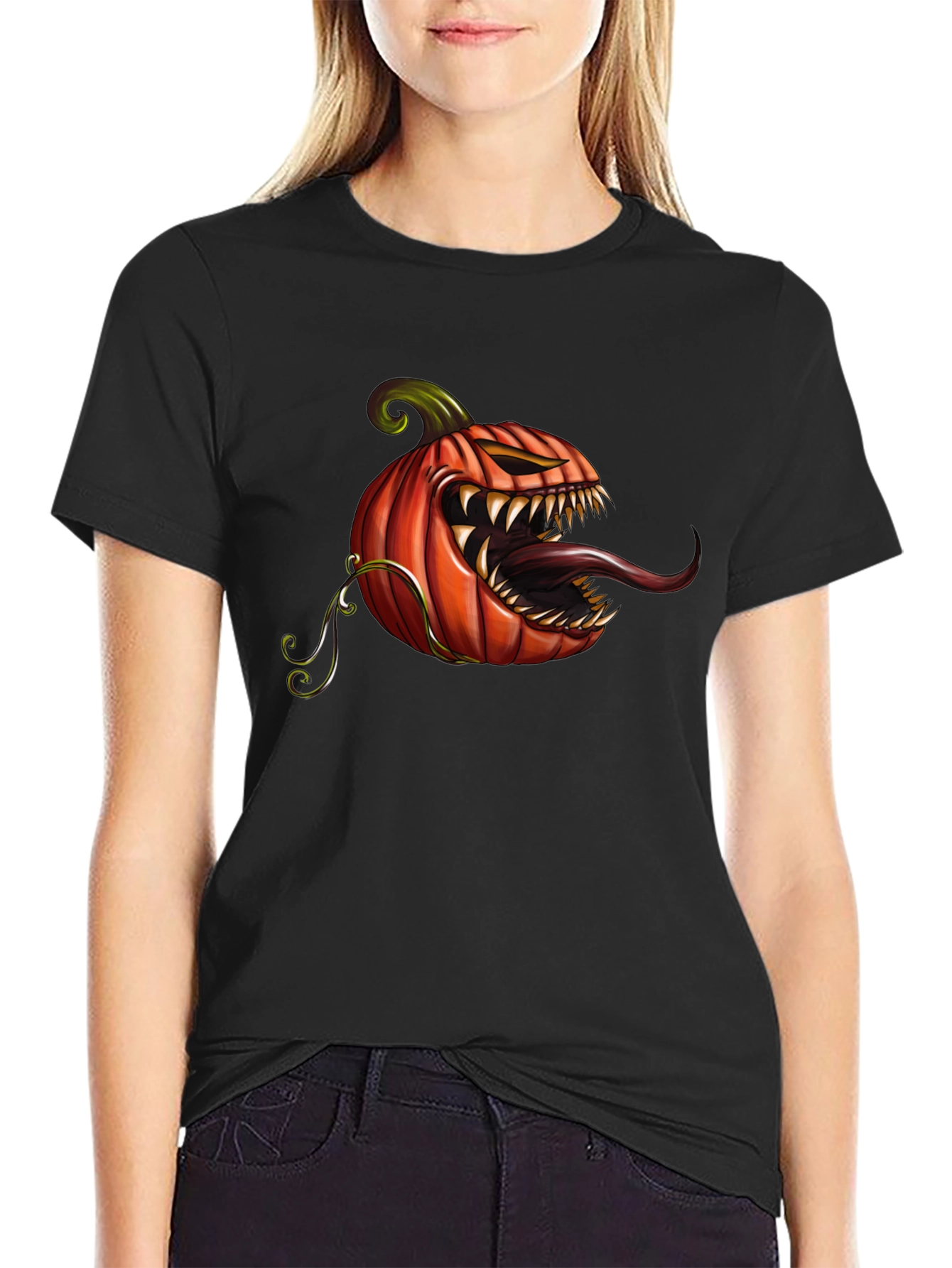 Black Men's Black T-Shirt with Spooky Pumpkin Design view 2