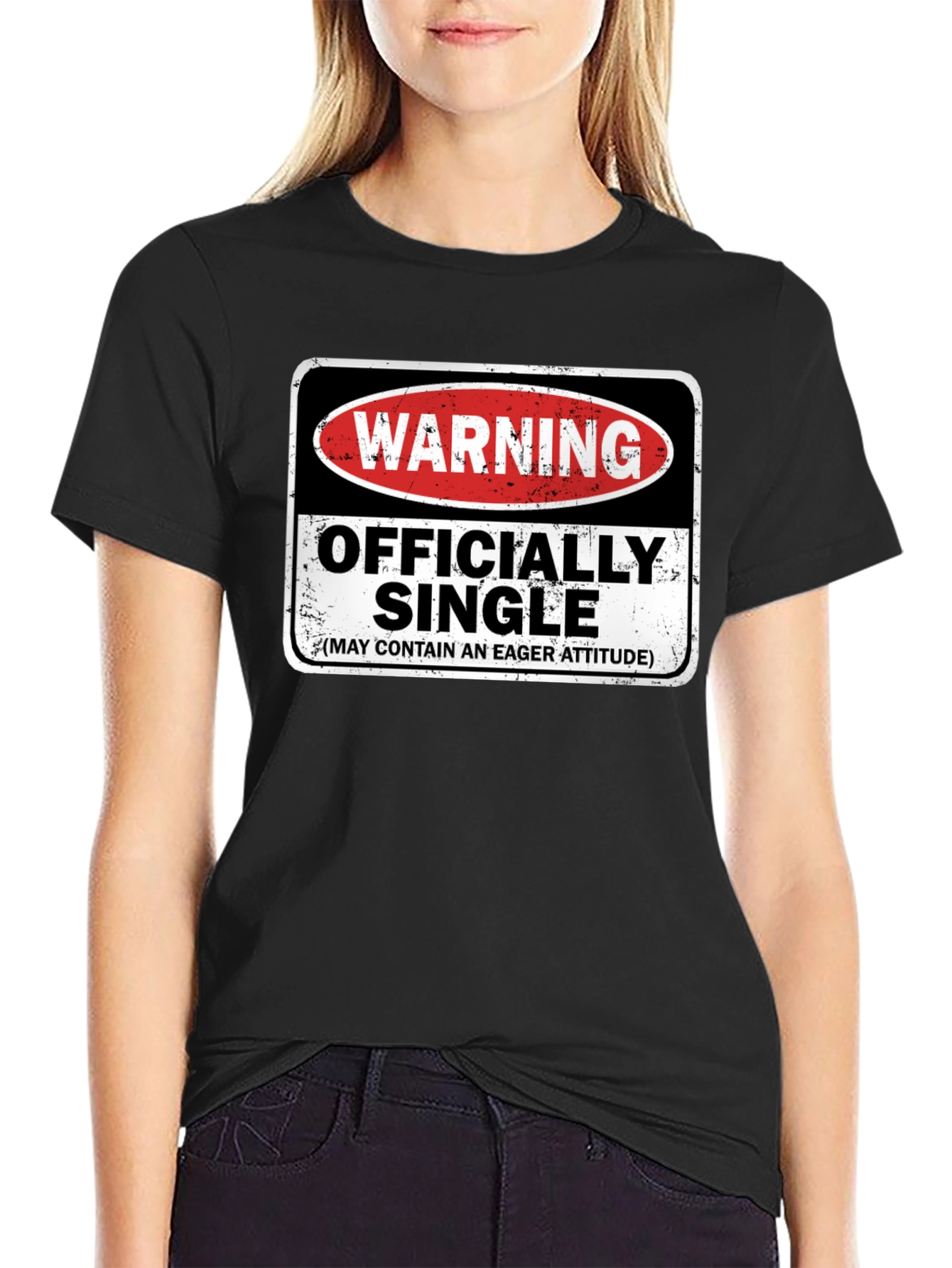 Black Warning Officially Single T-Shirt - Eager Attitude Humor view 2