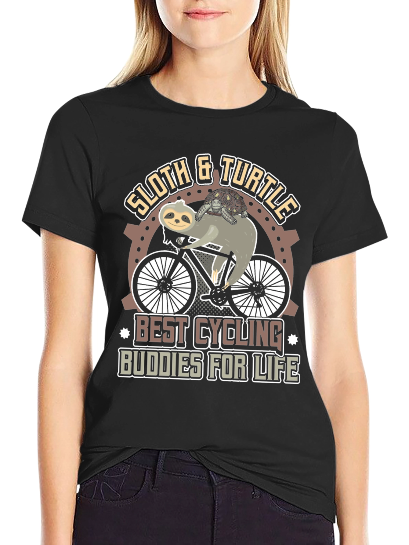 Black Sloth & Turtle Cycling Buddies T-Shirt view 2