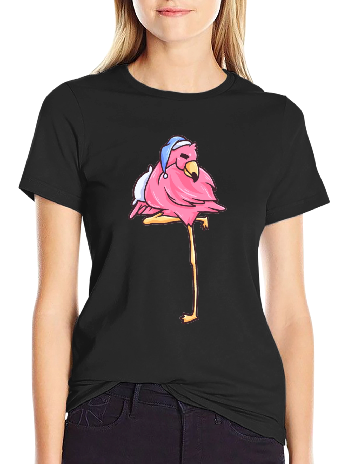 Flamingo Black T-Shirt with Sleepy Bird Design - 2