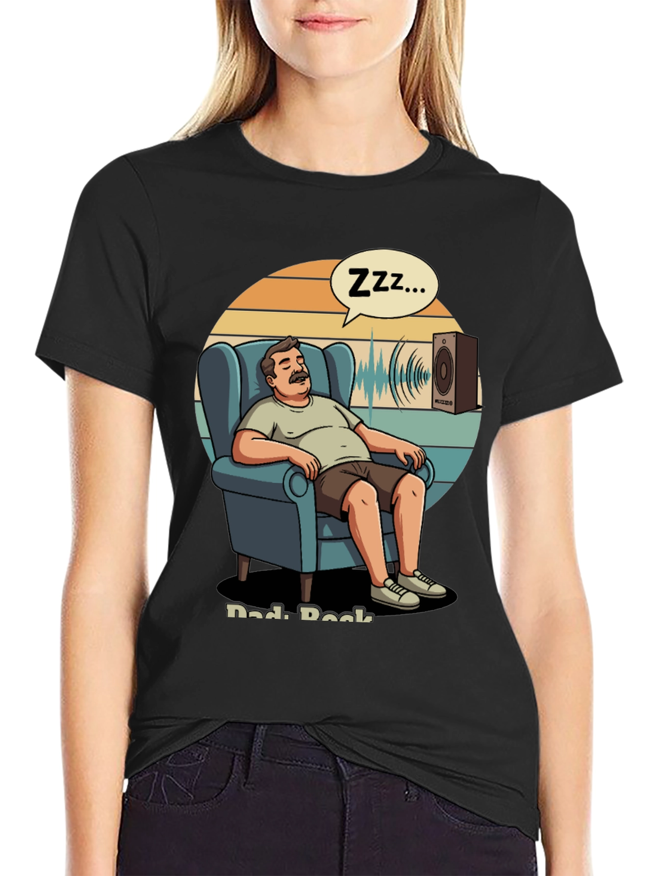 Black Dad Rock T-Shirt: Napping Cartoon Design view 2
