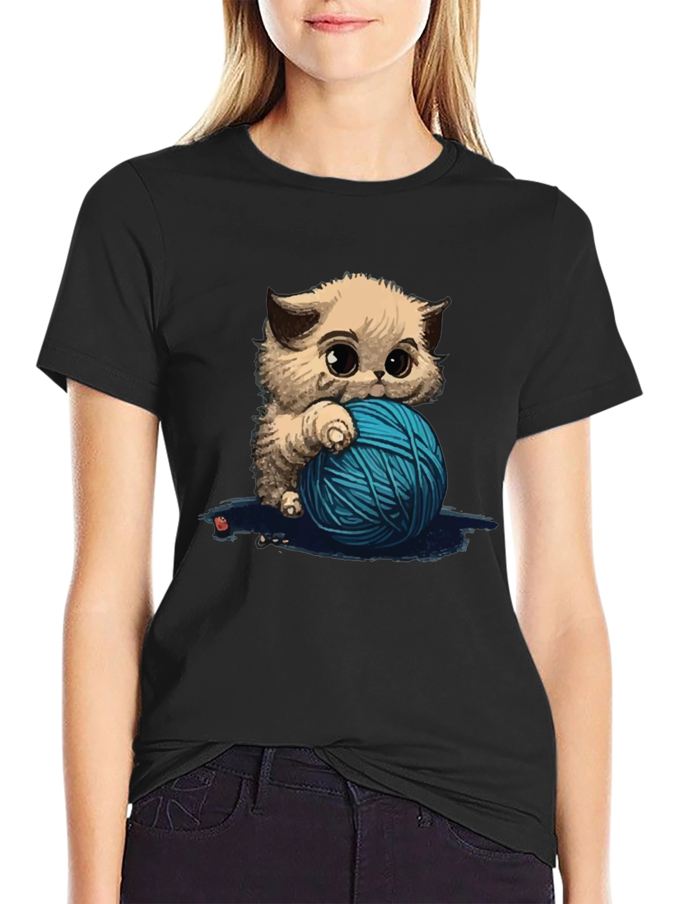 Black Cute Kitten Yarn Ball Graphic Tee view 2