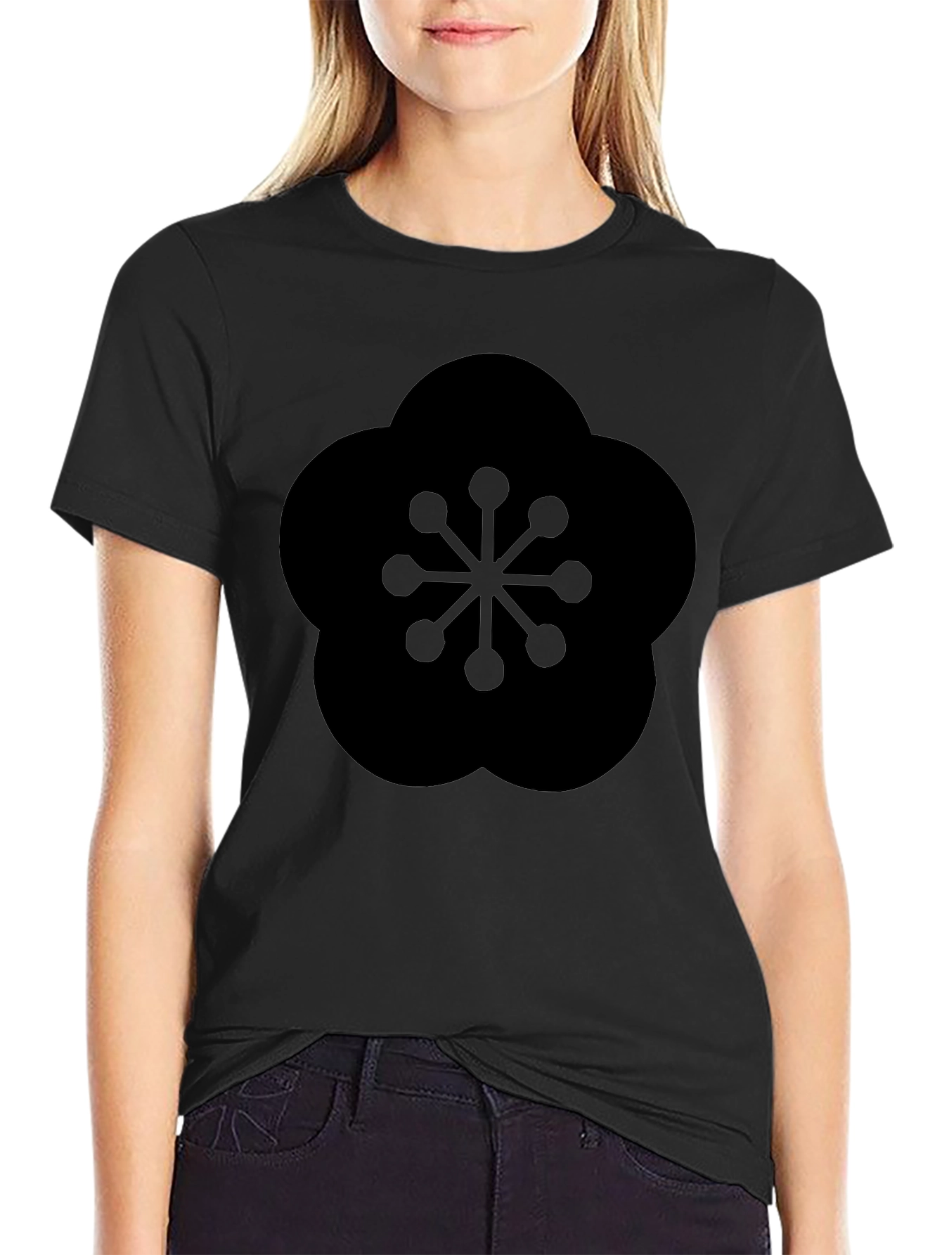 Black Black T-Shirt with Geometric Plum Blossom Design view 2