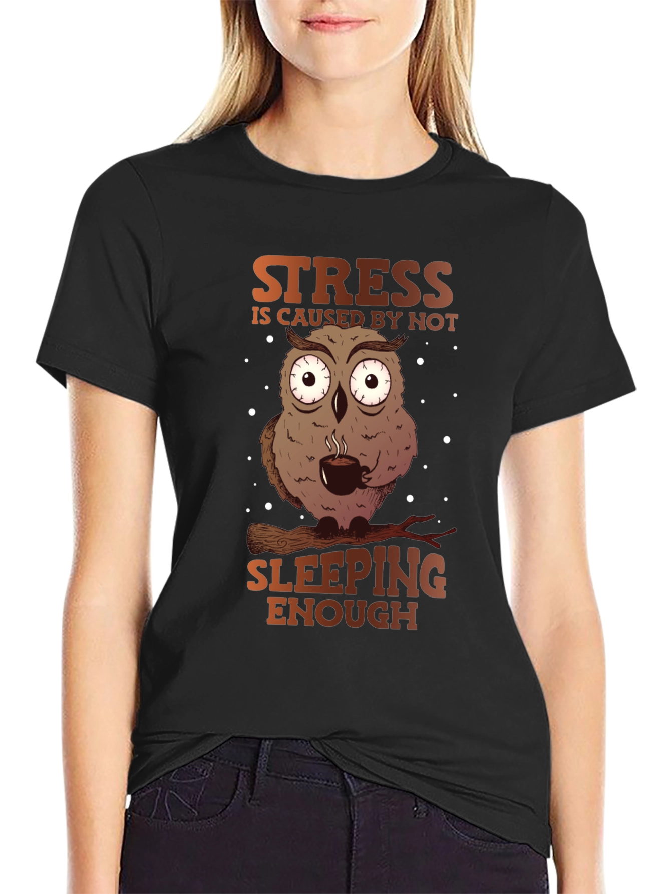 Black Funny Owl Stress T-Shirt - Sleep Deprived Humor view 2