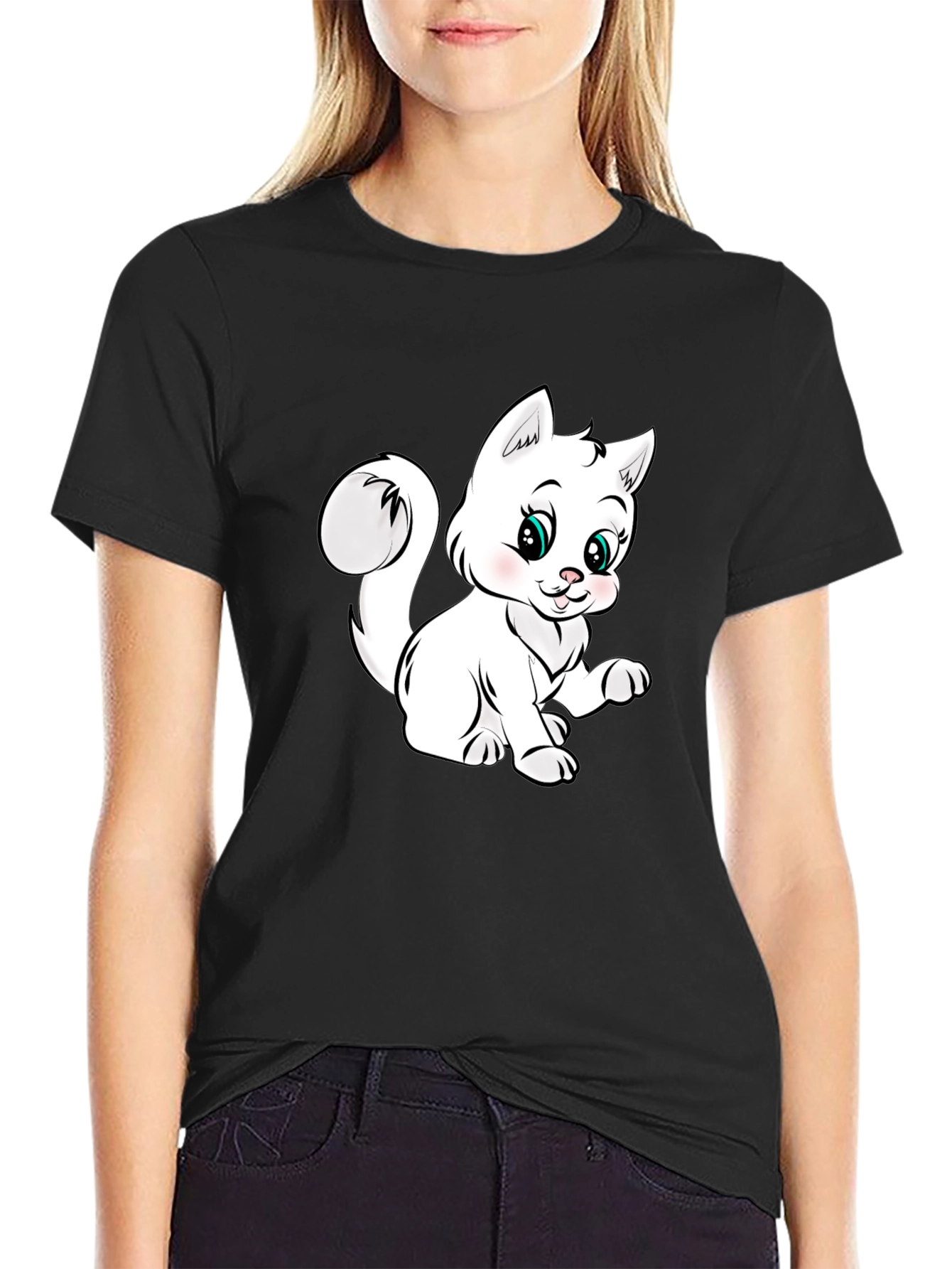 Black Cute Cartoon Kitten Black T-Shirt view 2