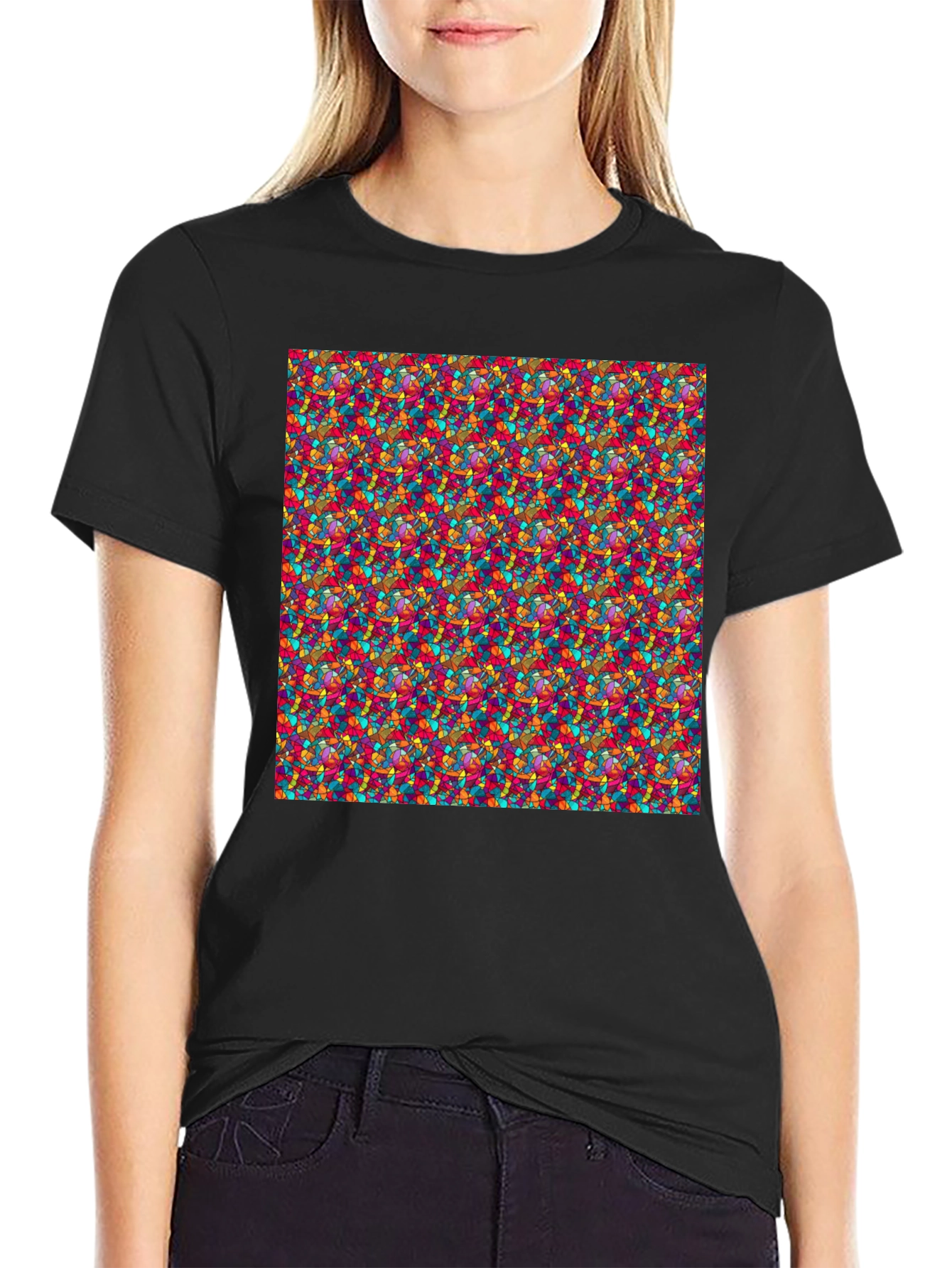 Black Vibrant Mosaic Print Black T-Shirt view 2