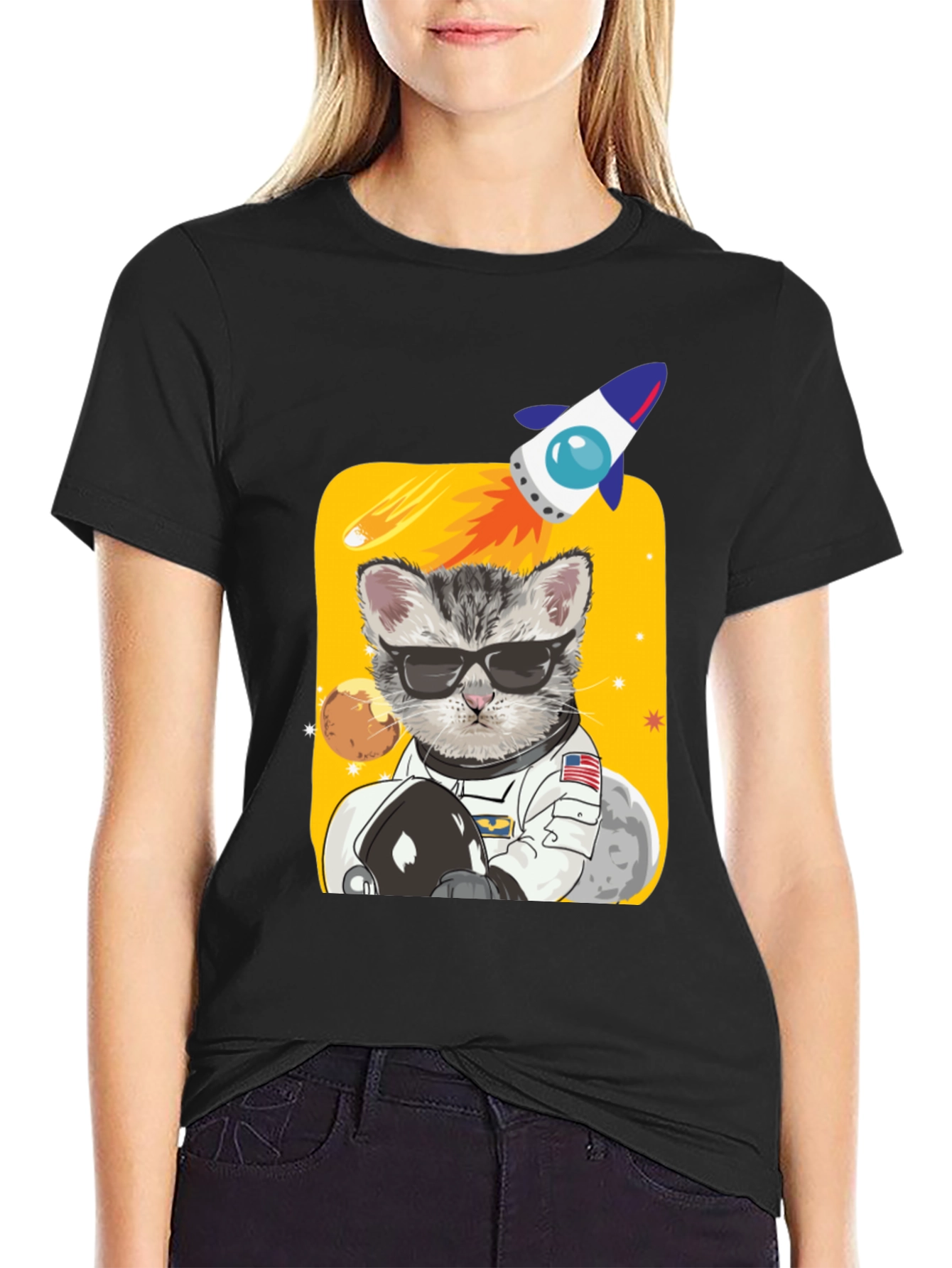 Black Astronaut Cat Graphic Tee - Space Kitty T-Shirt view 2