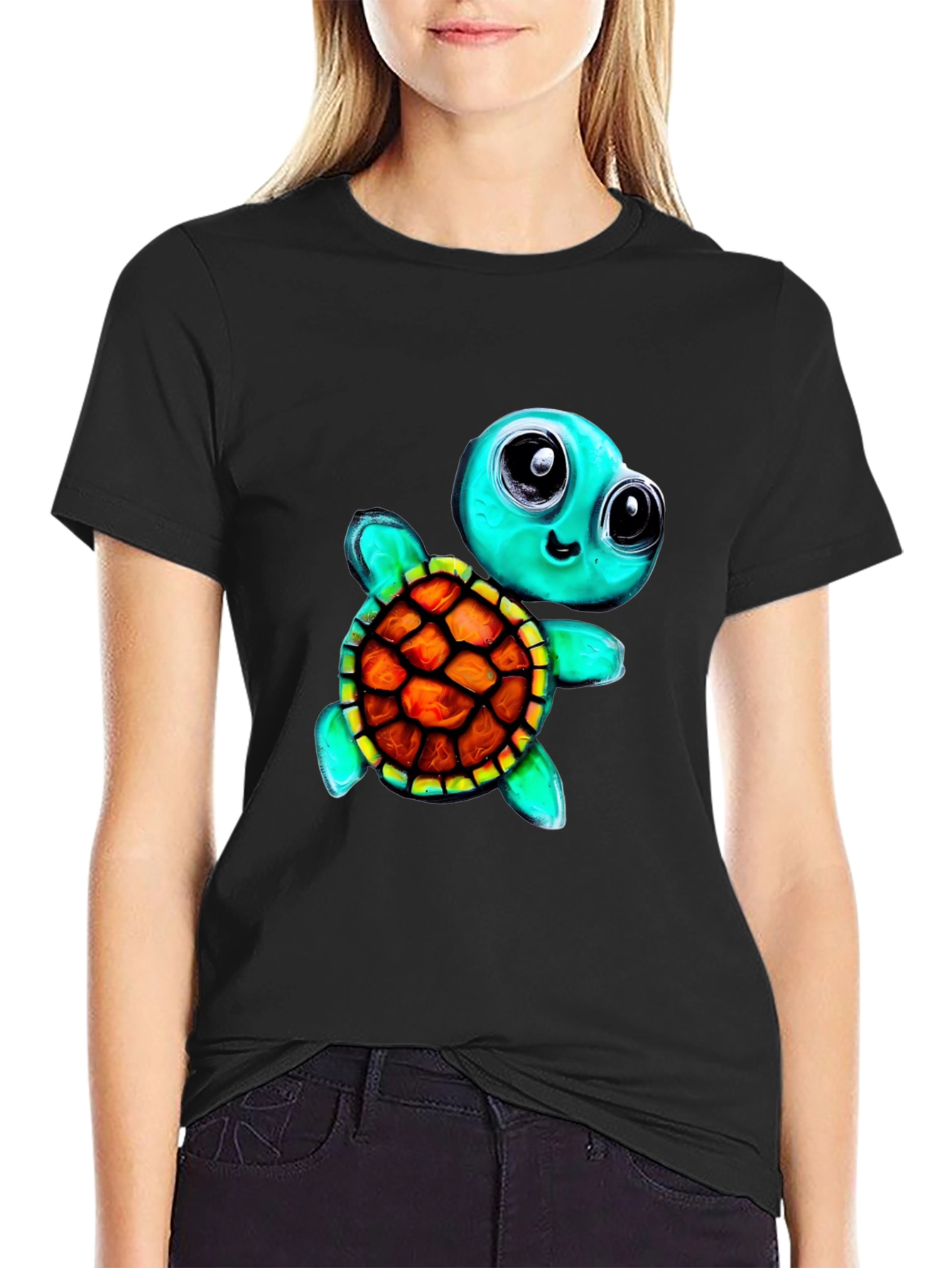 Black Cartoon Turtle Graphic Tee - Men's Black T-Shirt view 2