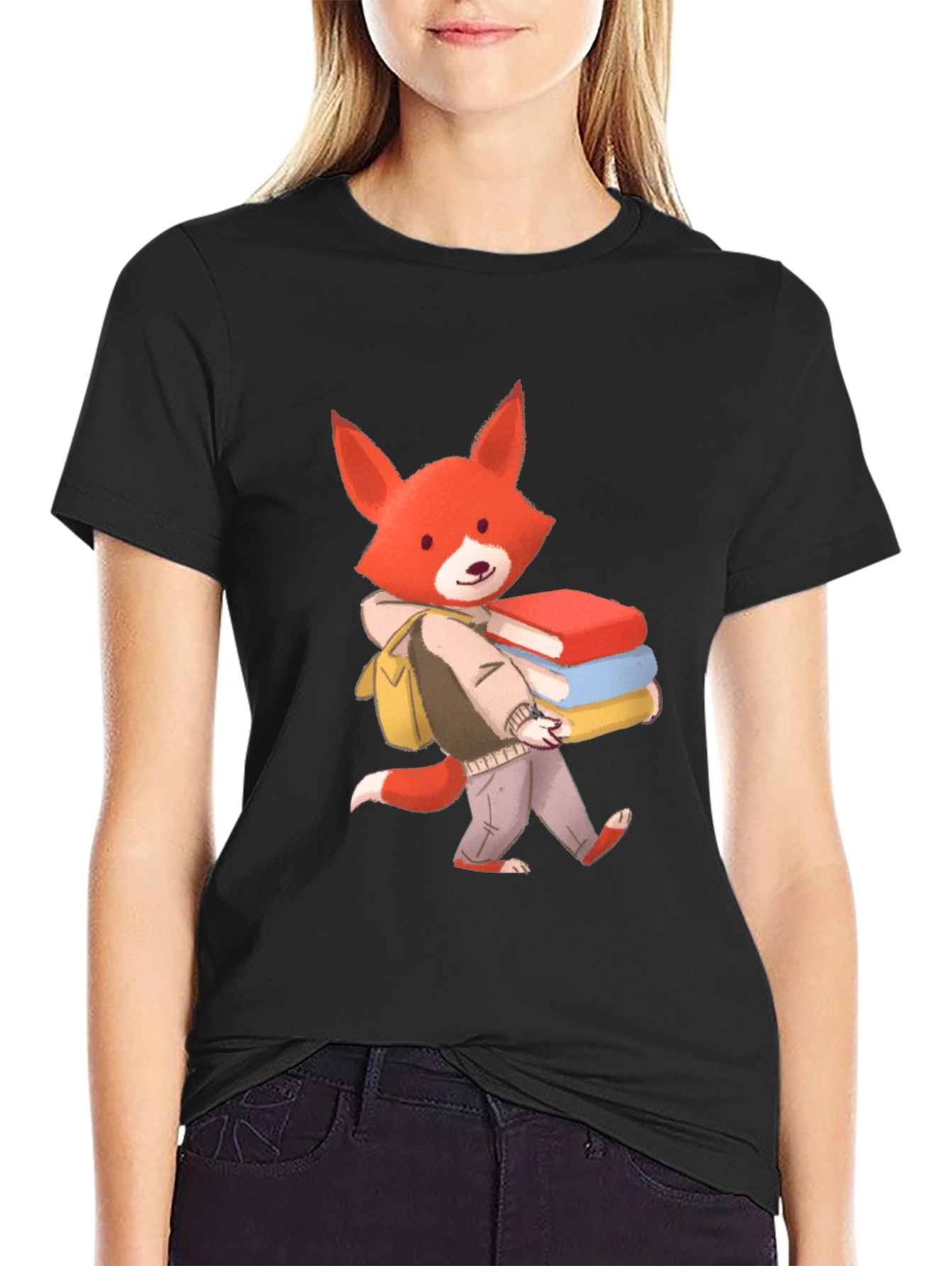 Black Fox with Books Graphic T-Shirt view 2