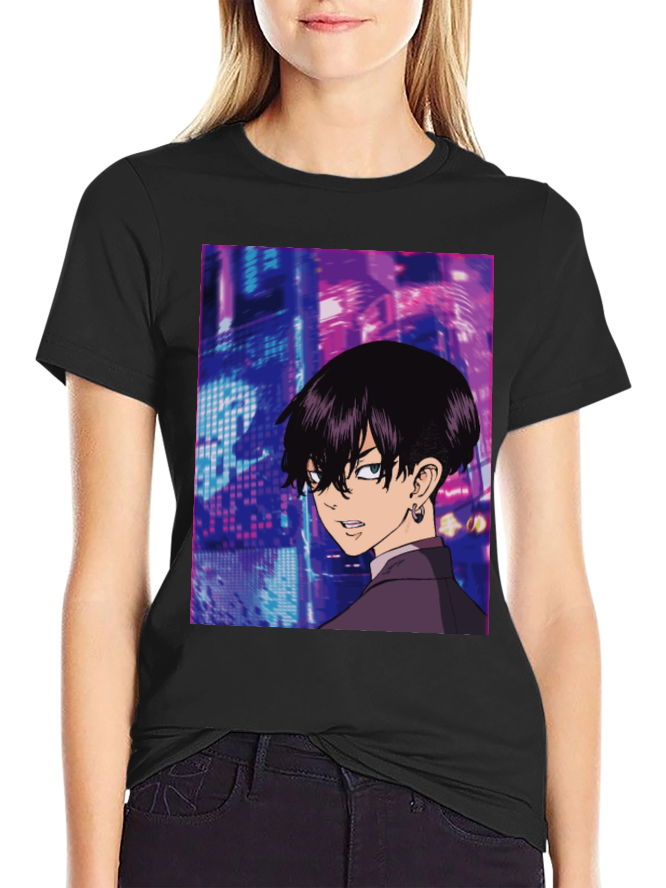 Black Anime Graphic Black T-Shirt view 2