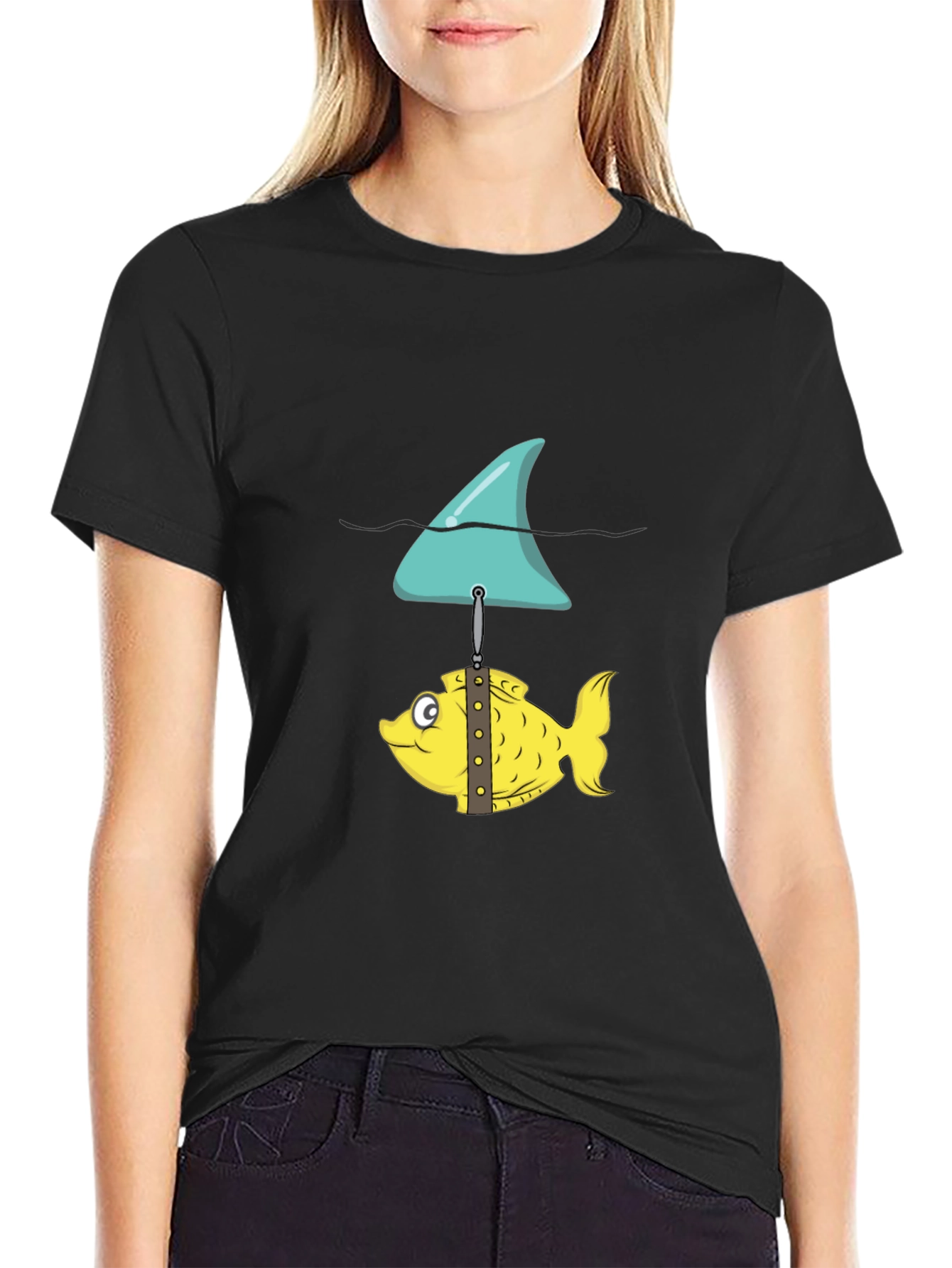 Black Funny Fish and Shark Fin Graphic T-Shirt view 2