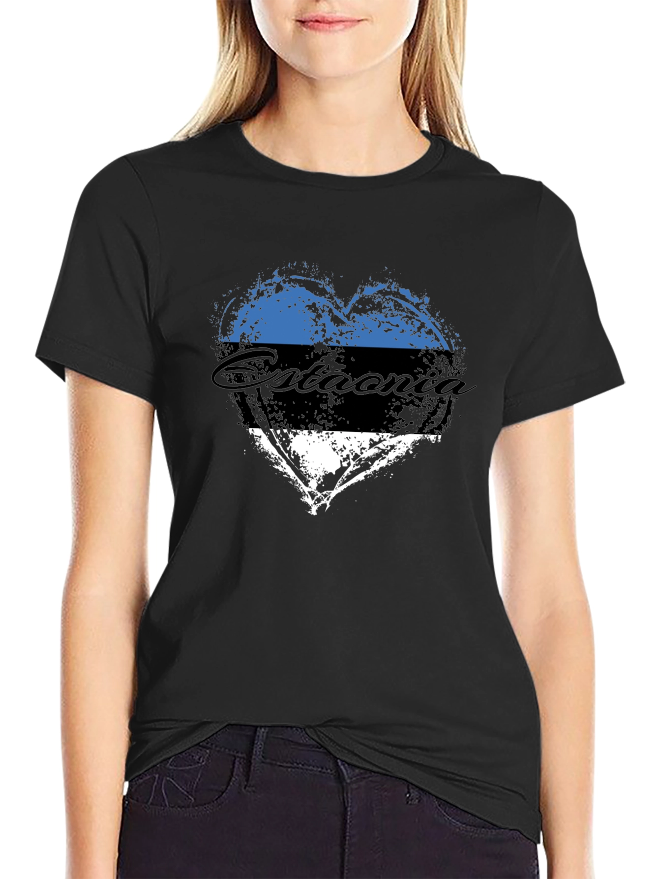 Black Estonia Flag Heart T-Shirt view 2