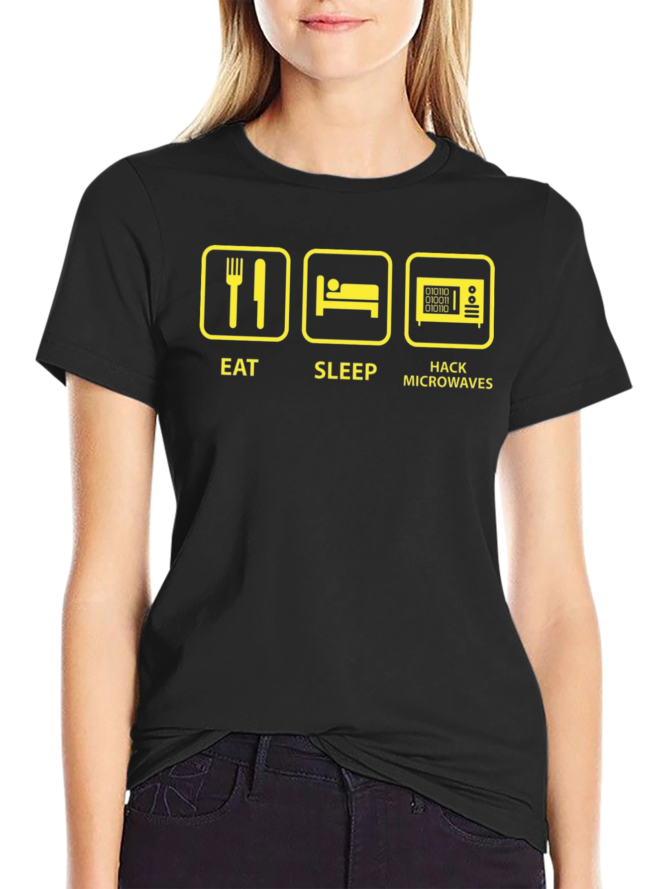 Black Eat Sleep Hack Microwaves Graphic Tee view 2