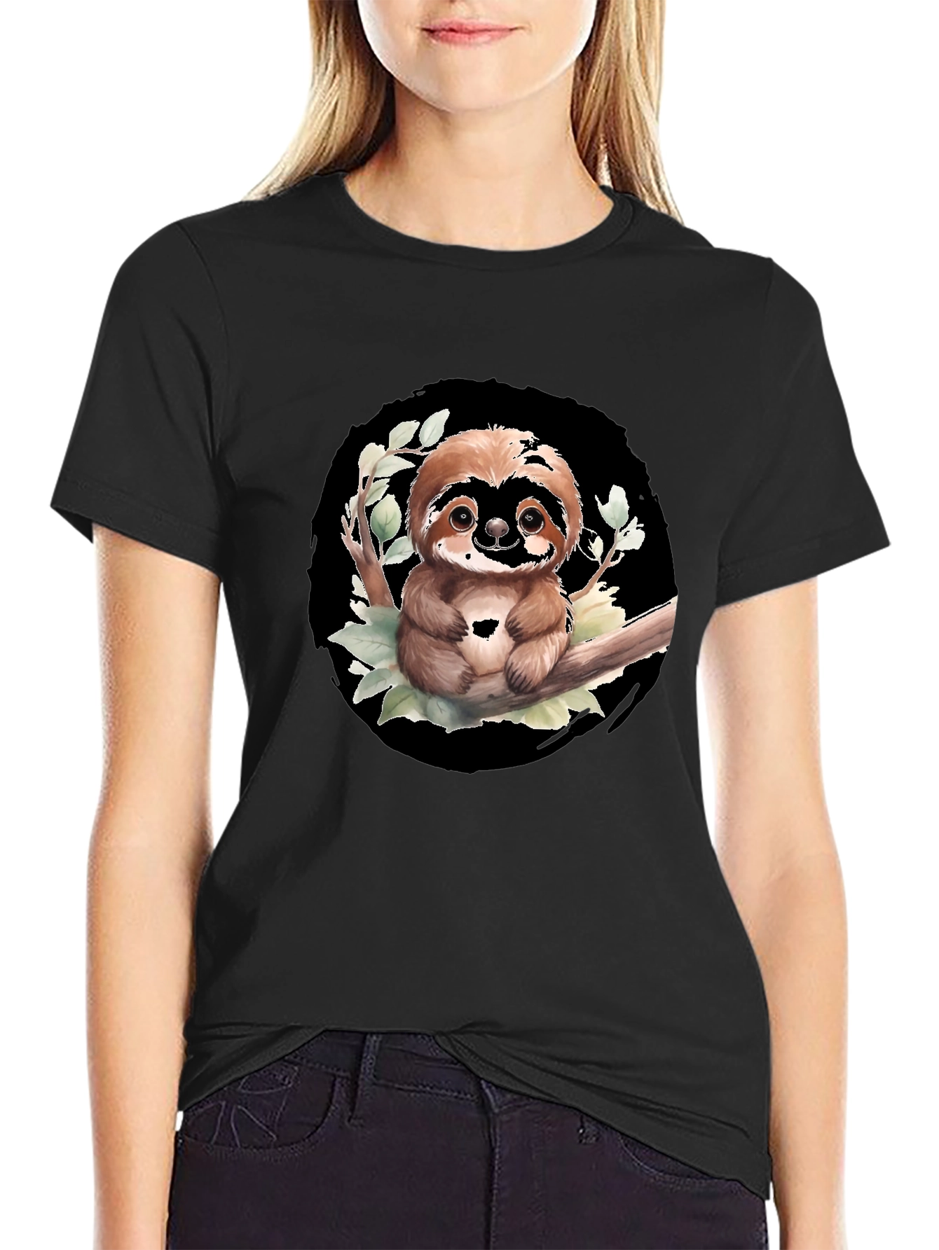 Black Cute Sloth on Branch Graphic Tee - Black T-Shirt view 2