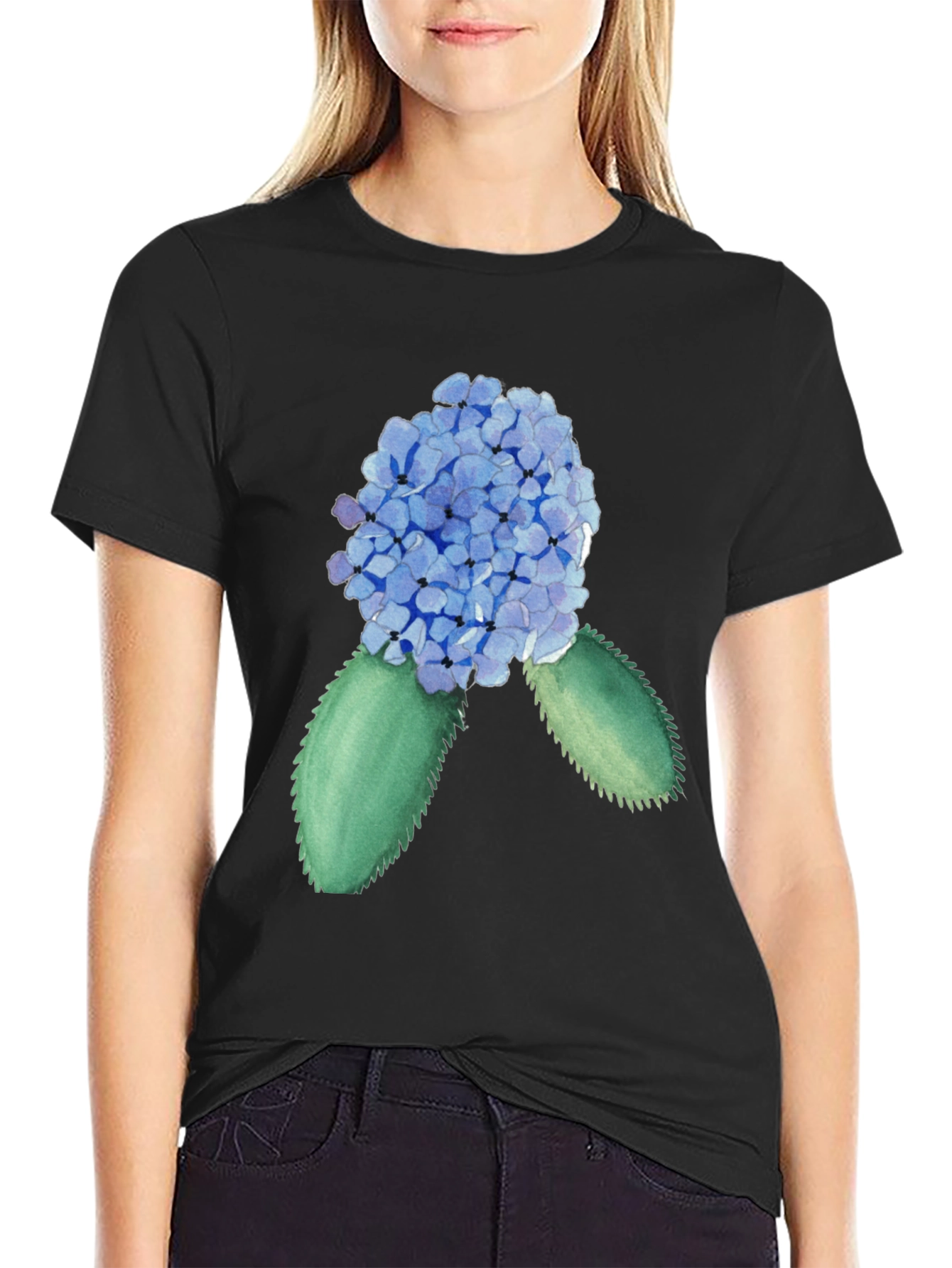 Black Hydrangea Watercolor Black T-Shirt view 2
