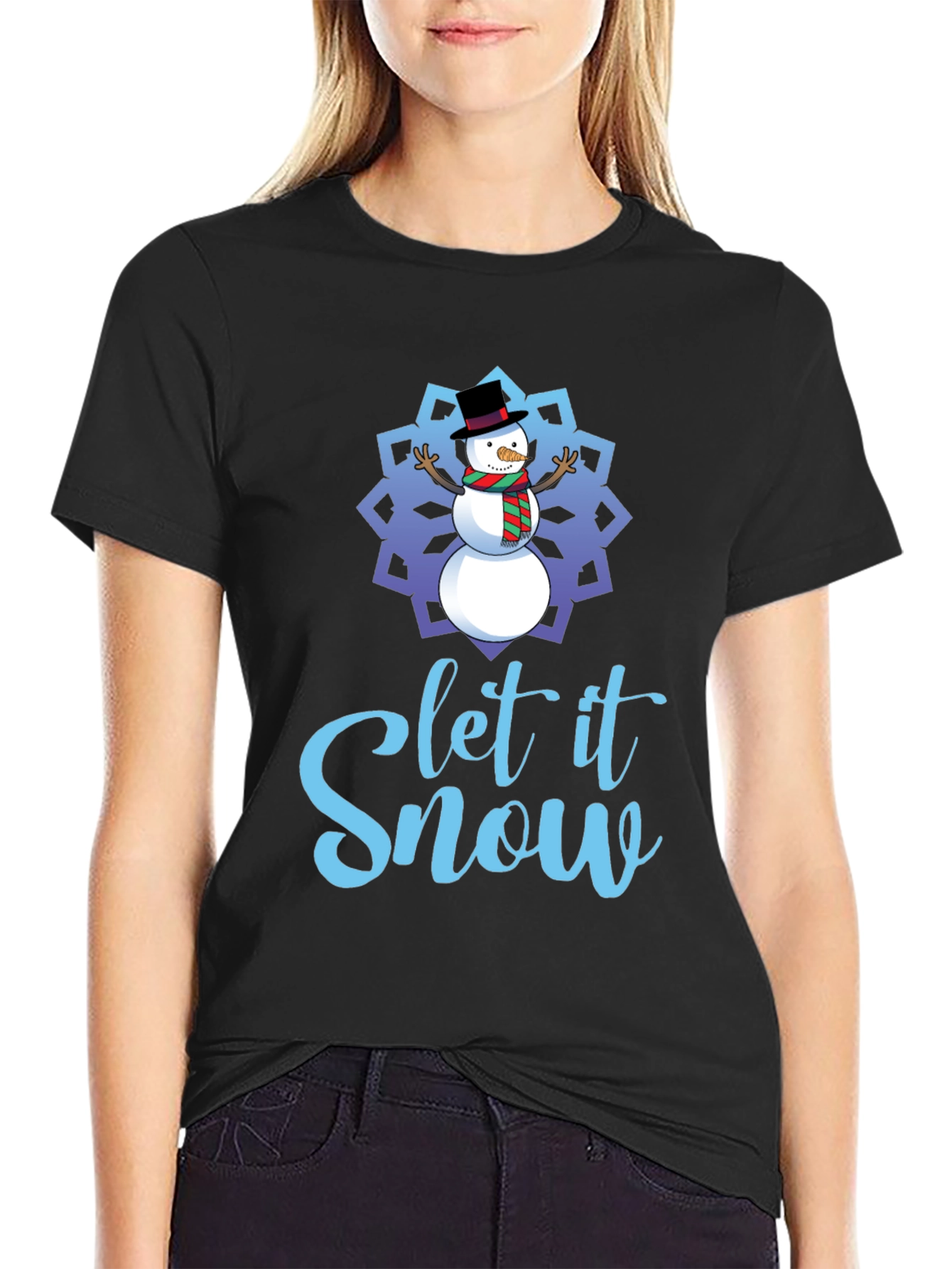 Black Let it Snow Snowman Holiday T-Shirt view 2
