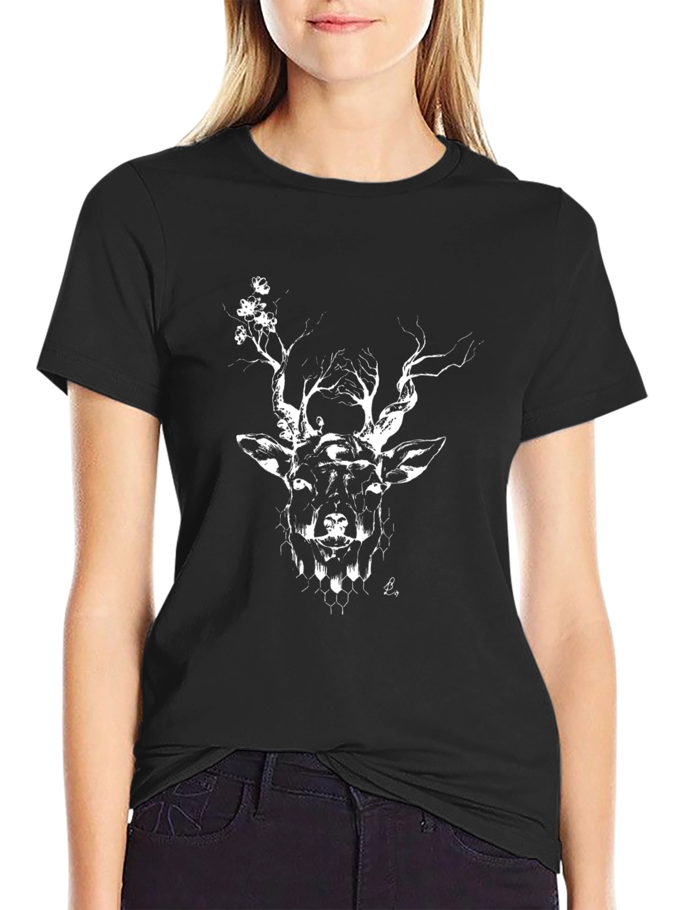 Black Deer Head Graphic Print Black T-Shirt view 2