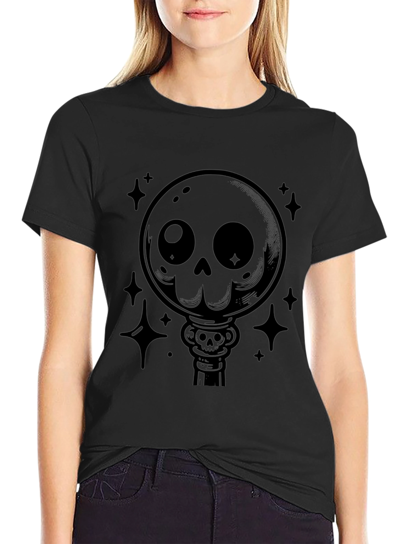 Black Gothic Skull Lollipop Graphic Print Black T-Shirt view 2