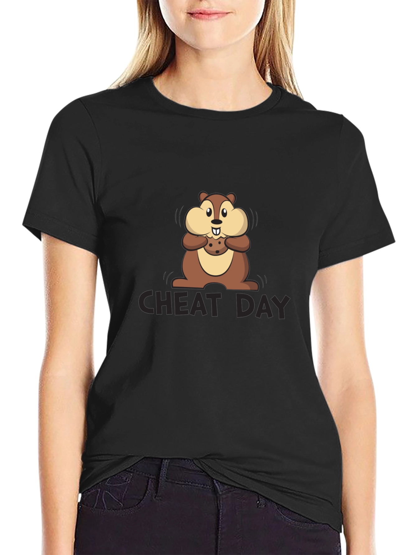 Black Cheat Day Chipmunk Graphic Tee - Black Cotton T-Shirt view 2