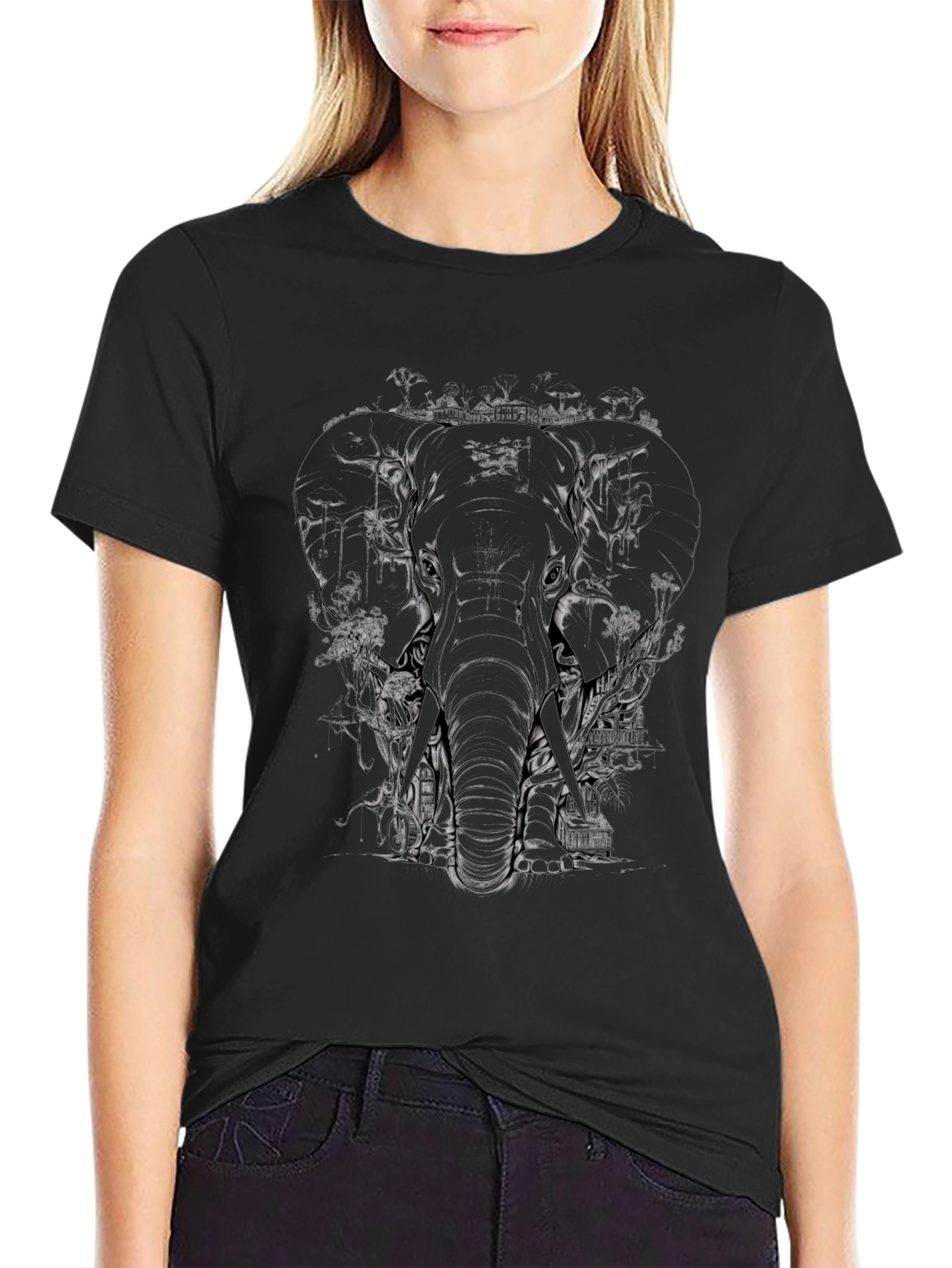Black Elephant Graphic Tee - Black Cotton T-Shirt view 2