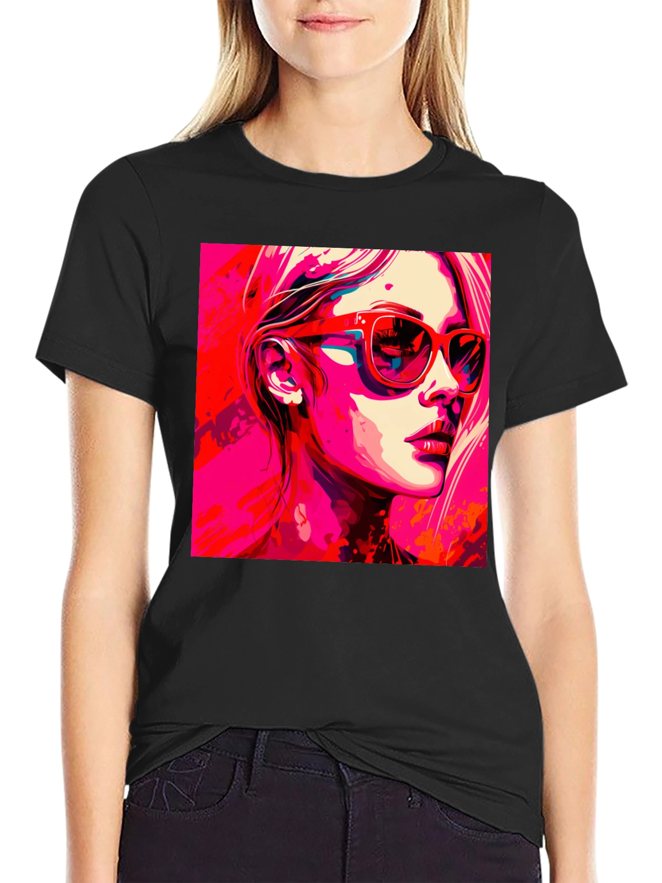 Black Stylish Pop Art Woman Graphic Black T-Shirt view 2
